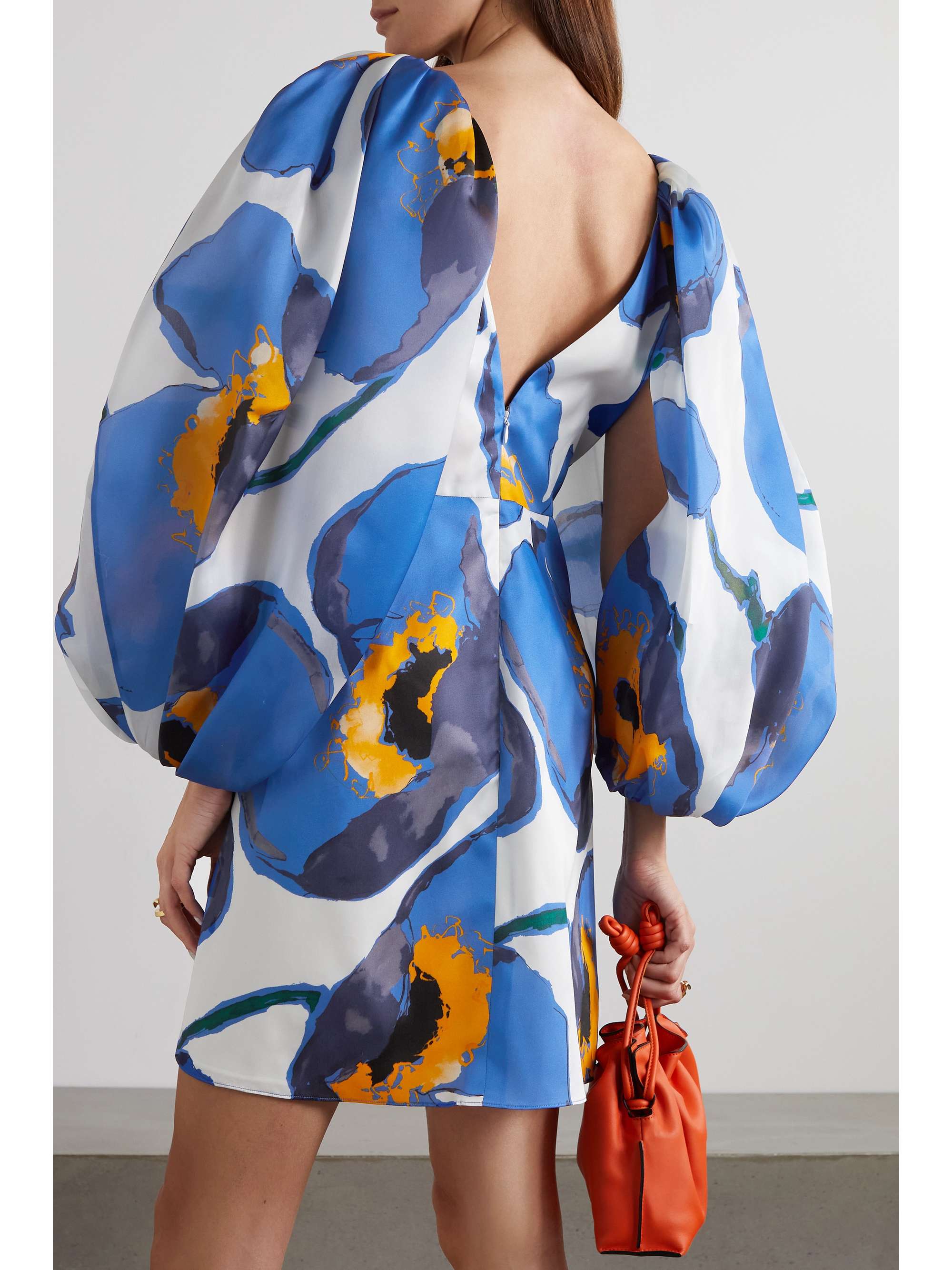 CAROLINA HERRERA Gathered floral-print duchesse silk-satin mini dress