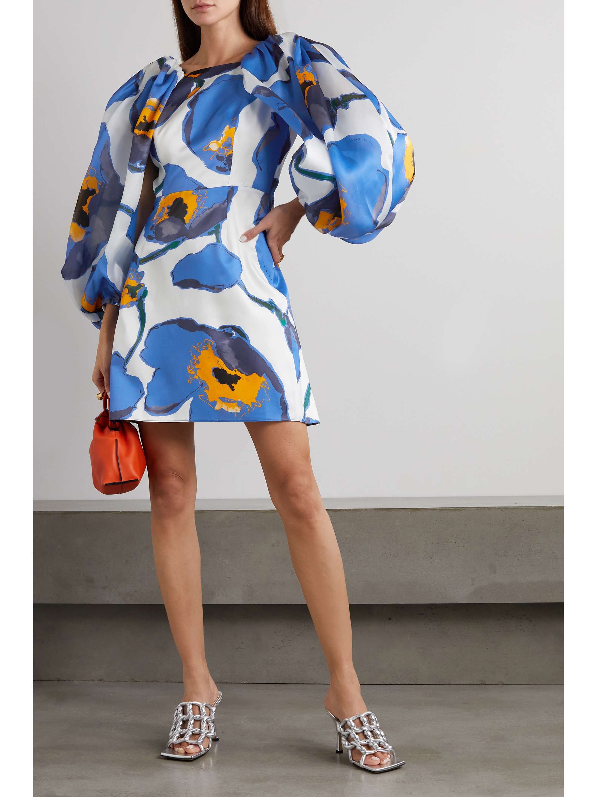 CAROLINA HERRERA Gathered floral-print duchesse silk-satin mini dress