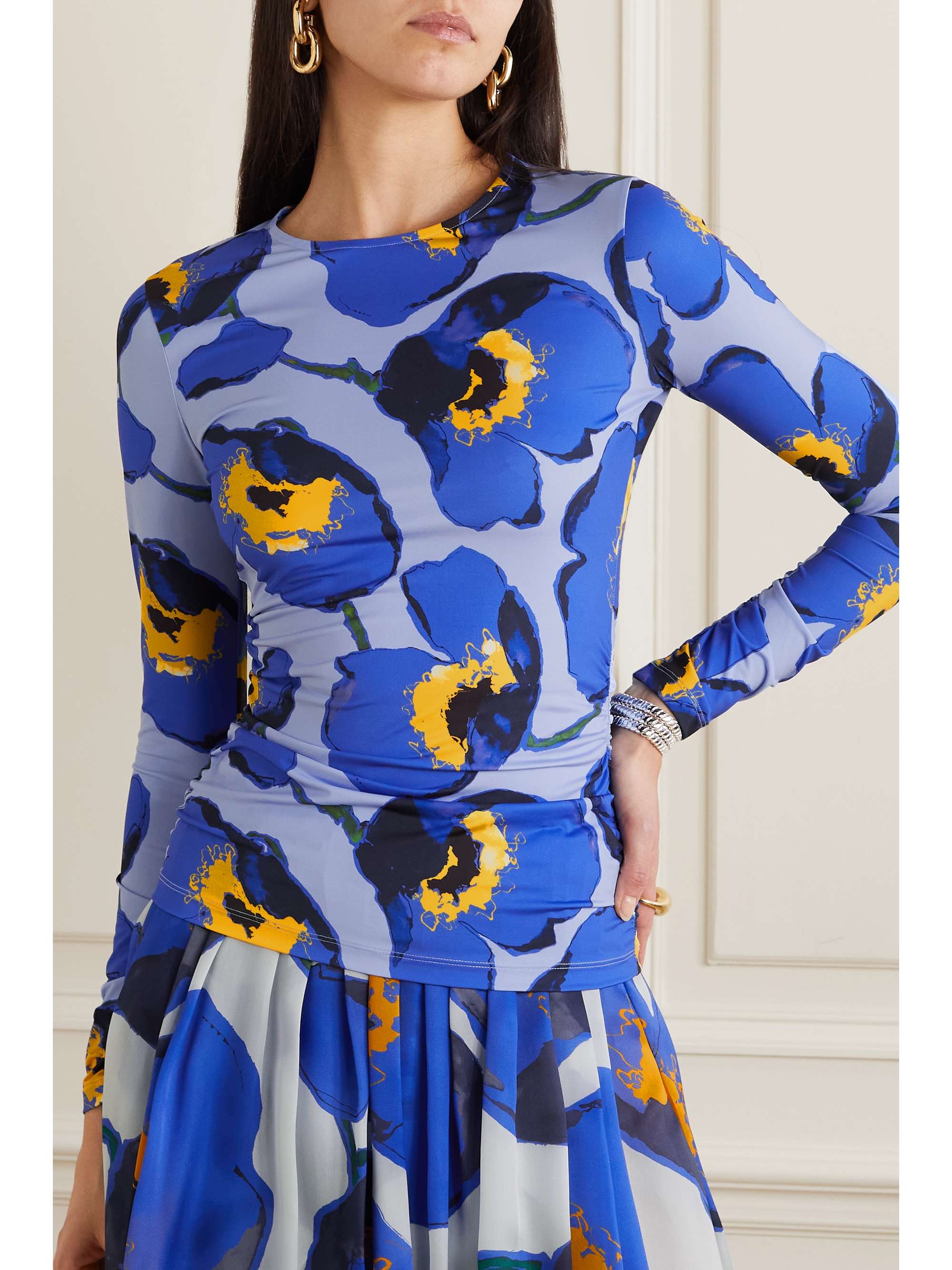 CAROLINA HERRERA Ruched floral-print stretch-jersey top