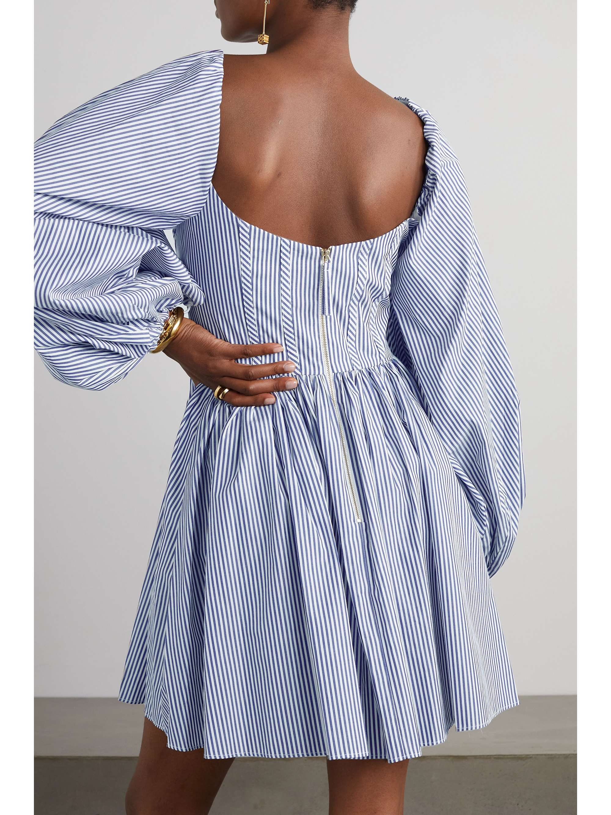 CAROLINA HERRERA Button-embellished gathered striped cotton-poplin mini dress