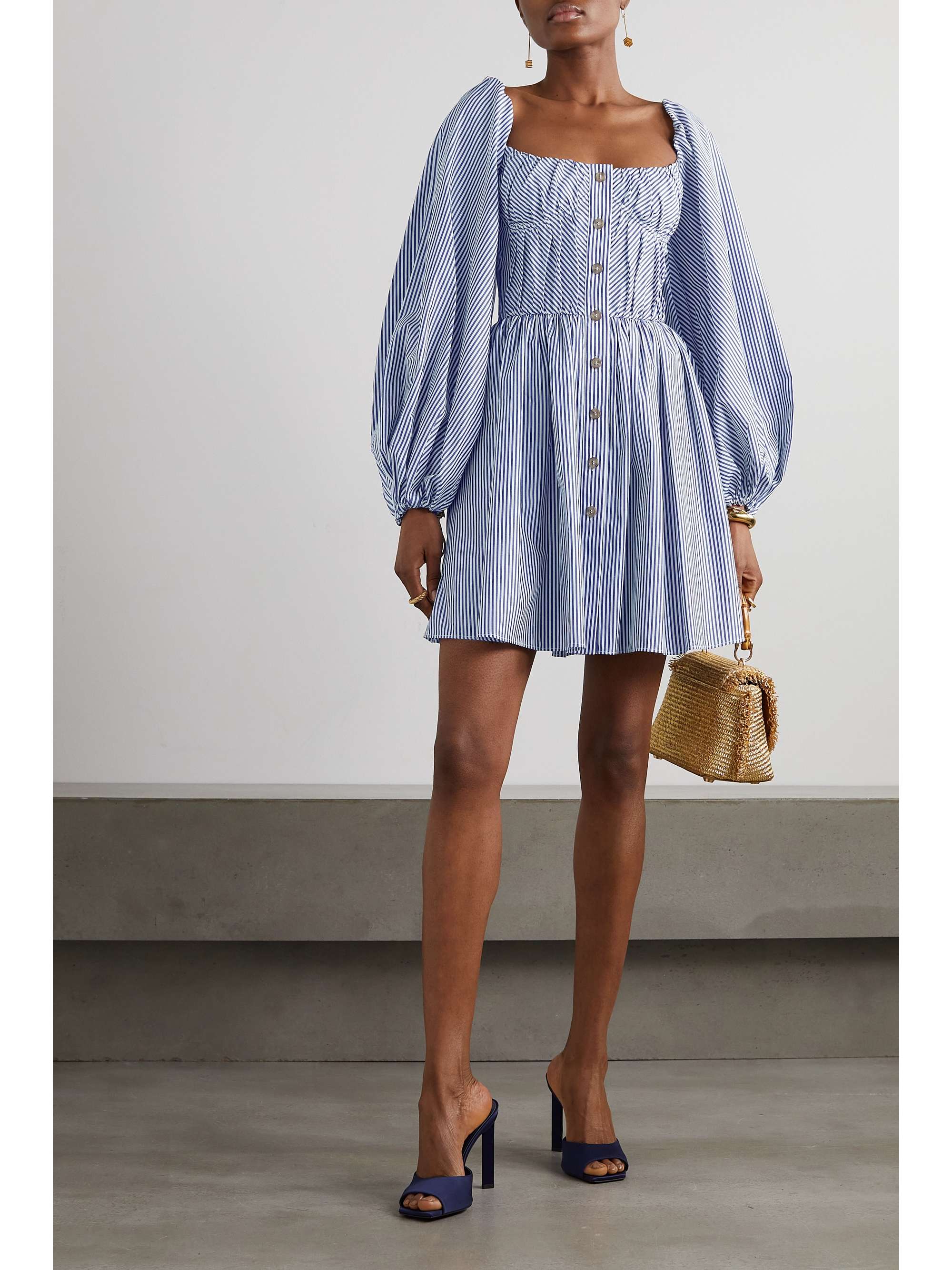 CAROLINA HERRERA Button-embellished gathered striped cotton-poplin mini dress