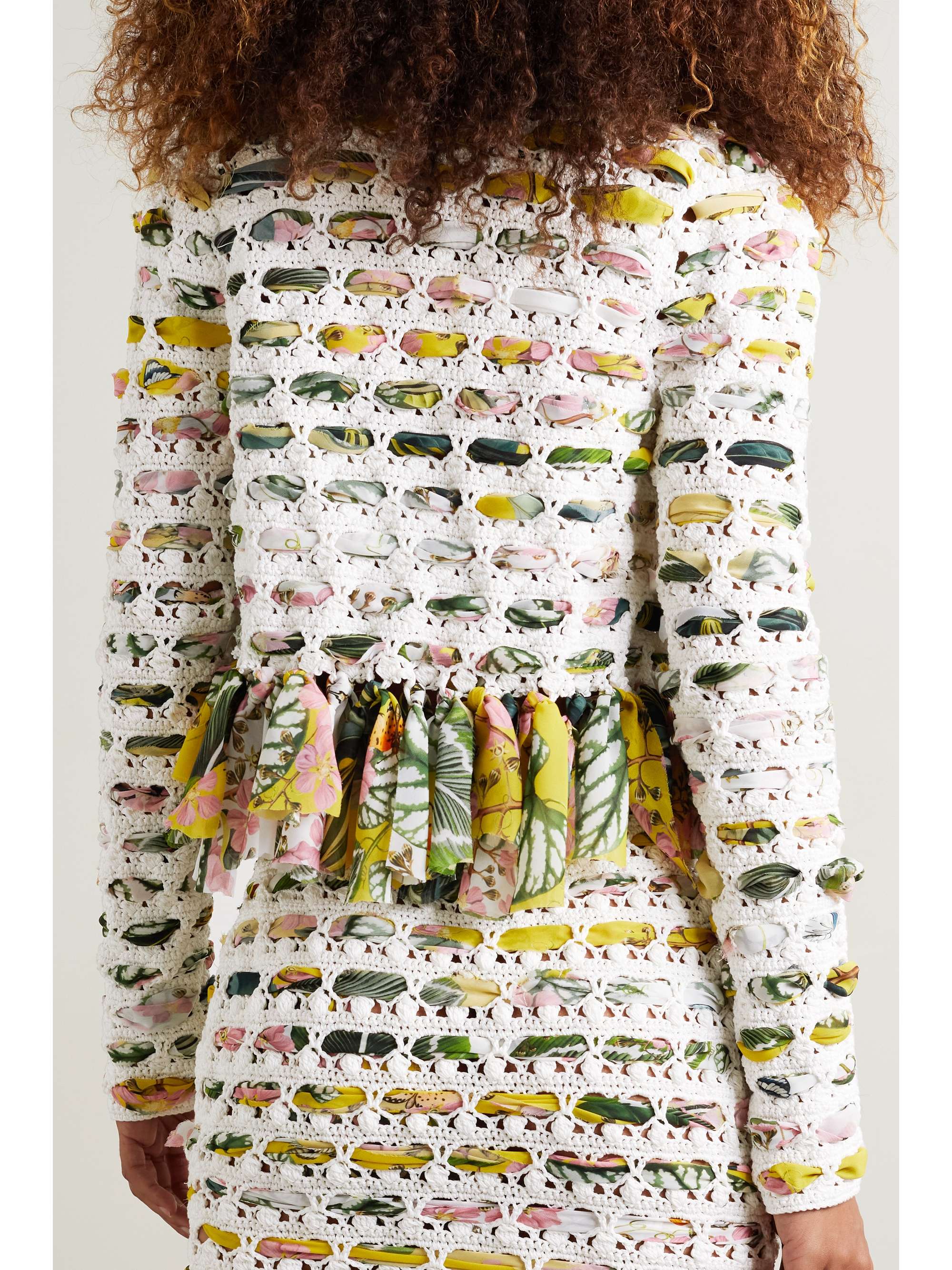 OSCAR DE LA RENTA Crochet-knit cotton and fringed printed chiffon cardigan
