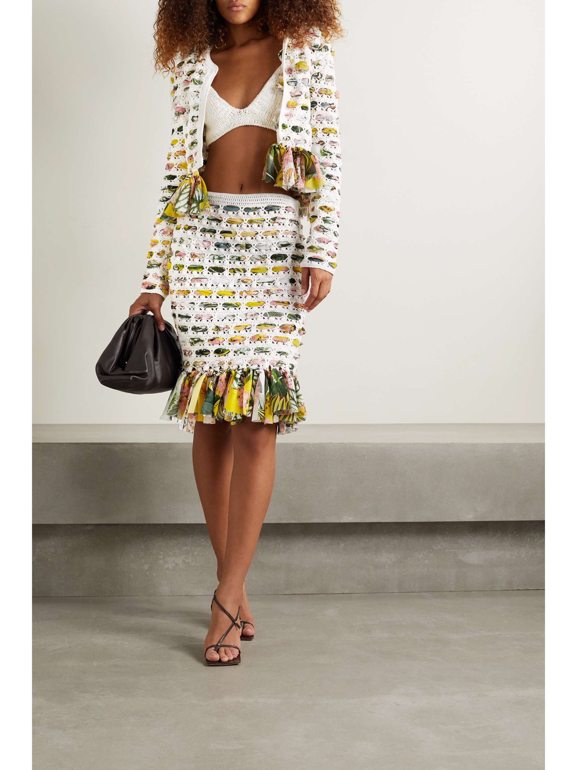 OSCAR DE LA RENTA Crochet-knit cotton and fringed printed chiffon cardigan