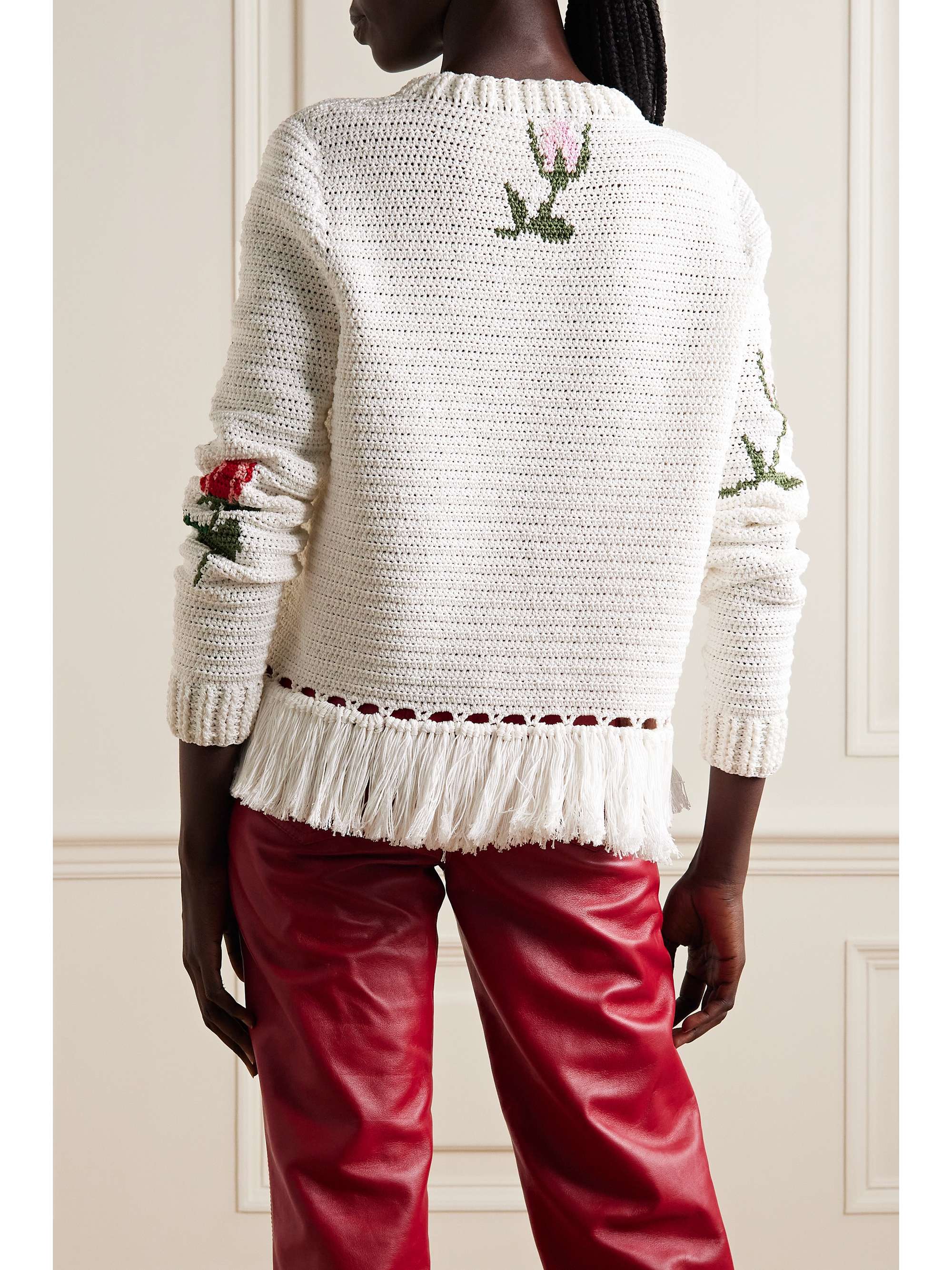 OSCAR DE LA RENTA Fringed crochet-knit cotton sweater