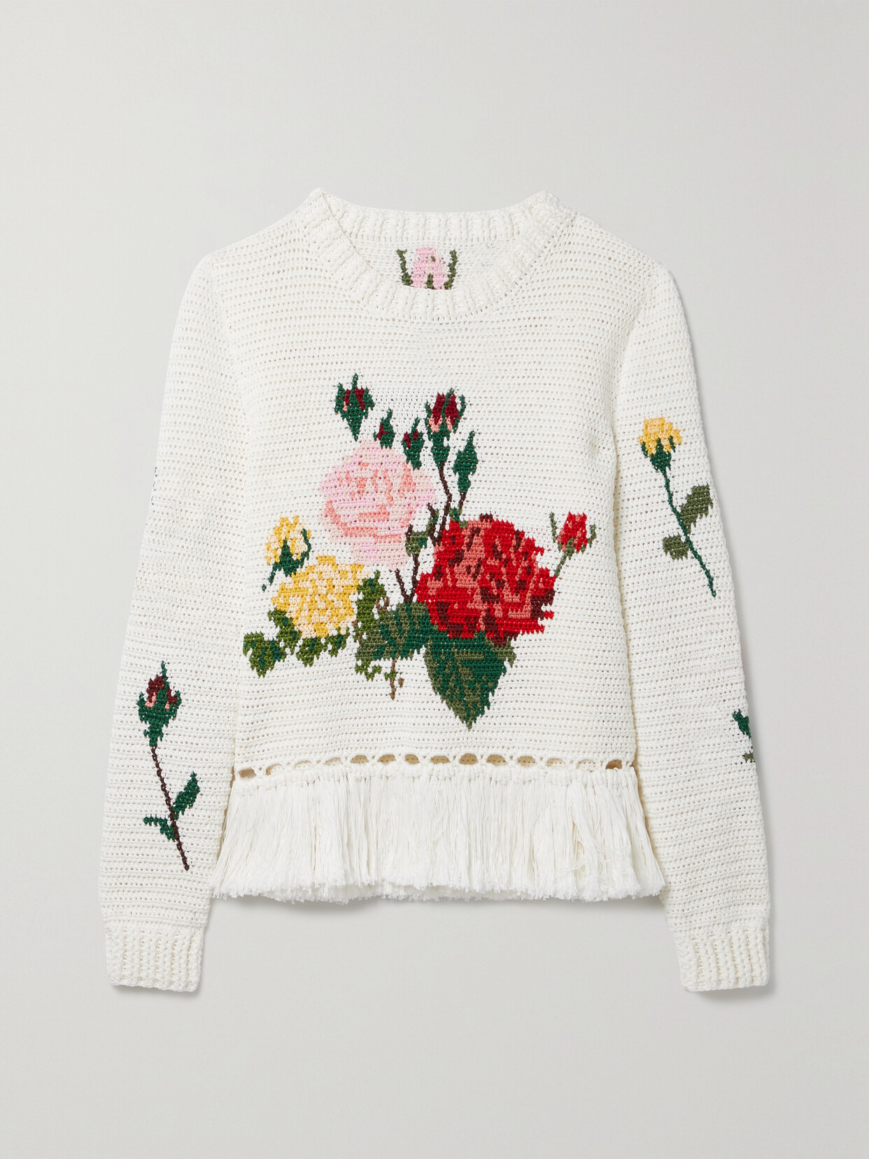Oscar de la Renta Fringed Crochet-knit Cotton Sweater - Ivory