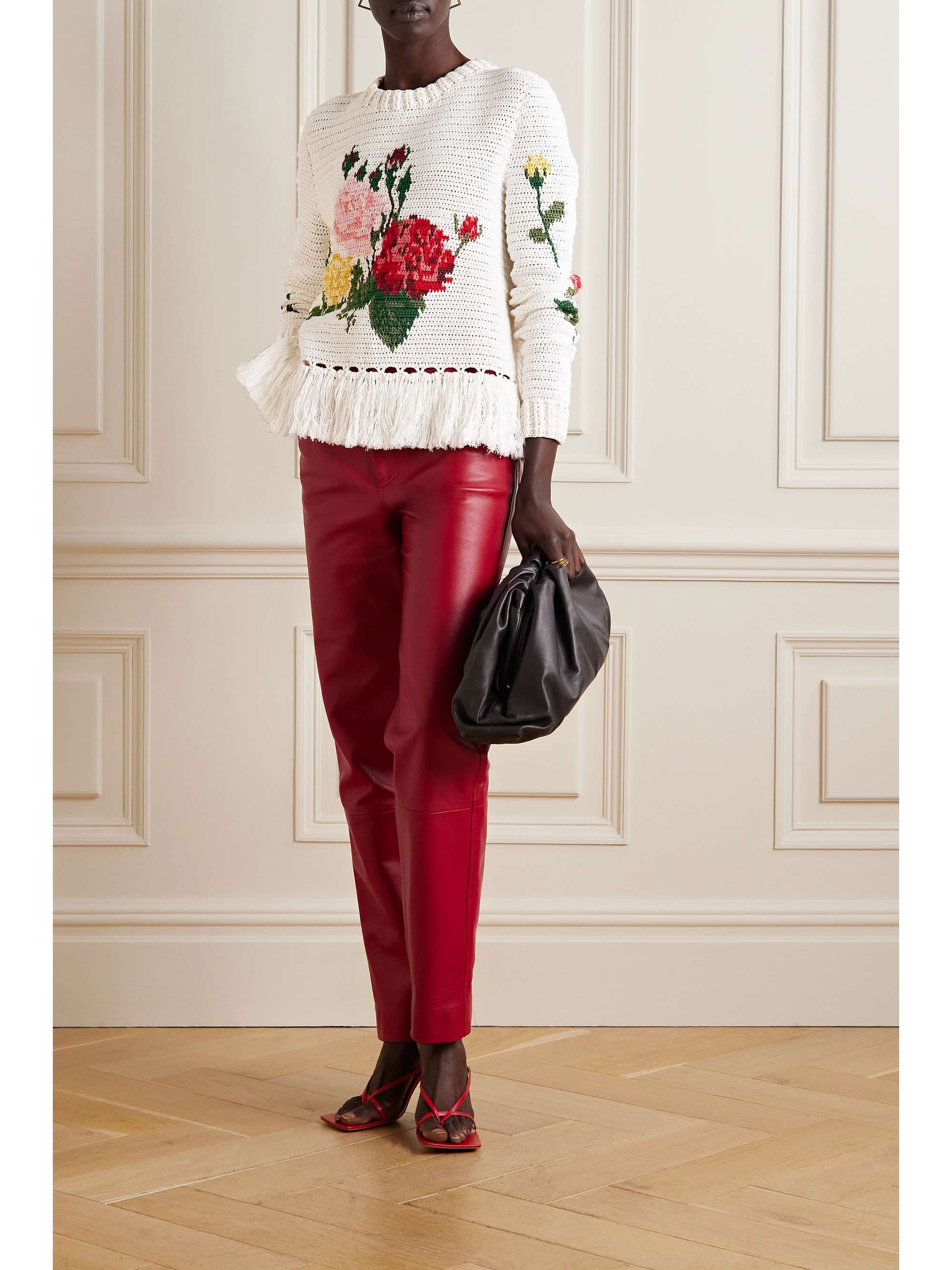 OSCAR DE LA RENTA Fringed crochet-knit cotton sweater