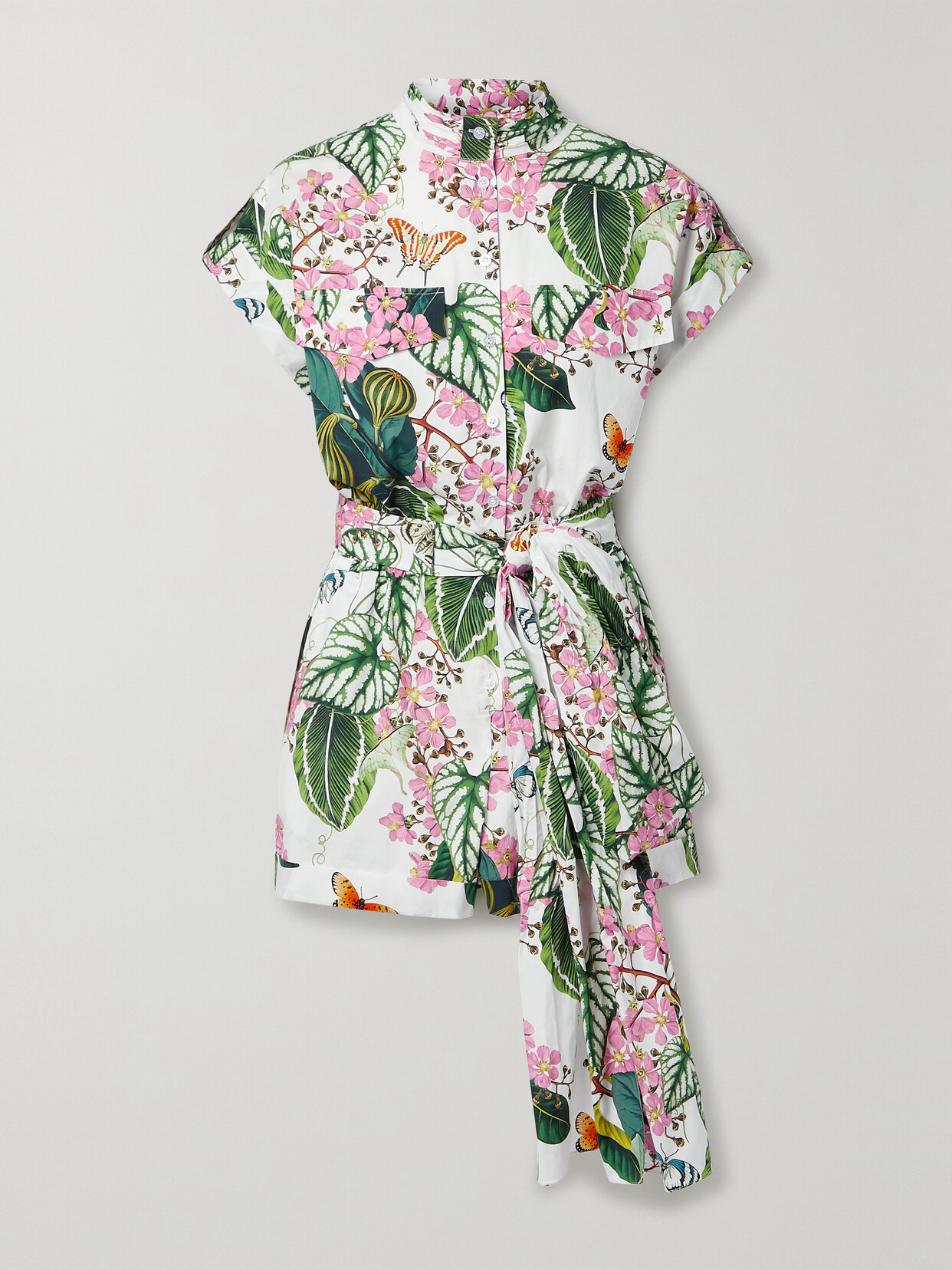 OSCAR DE LA RENTA BELTED PRINTED COTTON-BLEND POPLIN PLAYSUIT