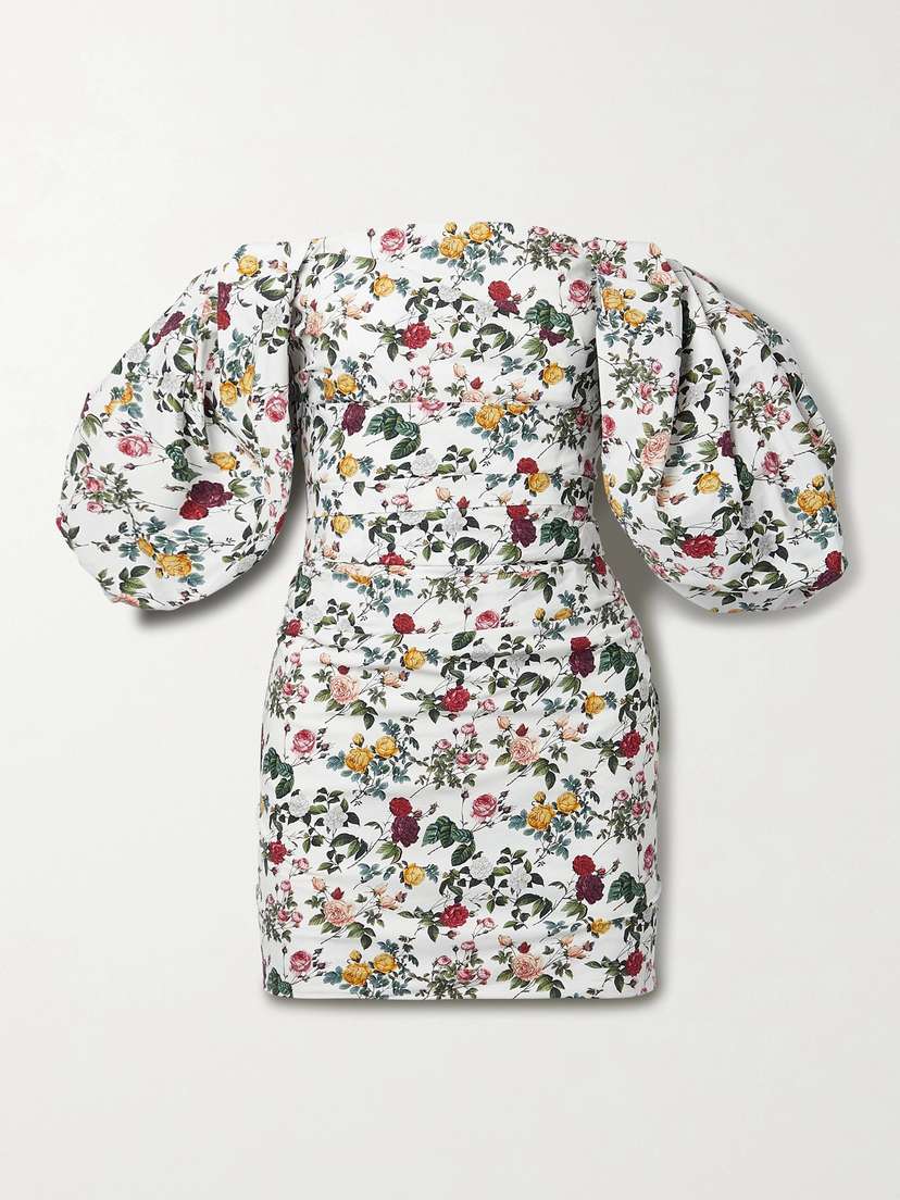 Oscar de la Renta Off-the-shoulder Ruched Floral-print Cotton-blend Mini Dress
