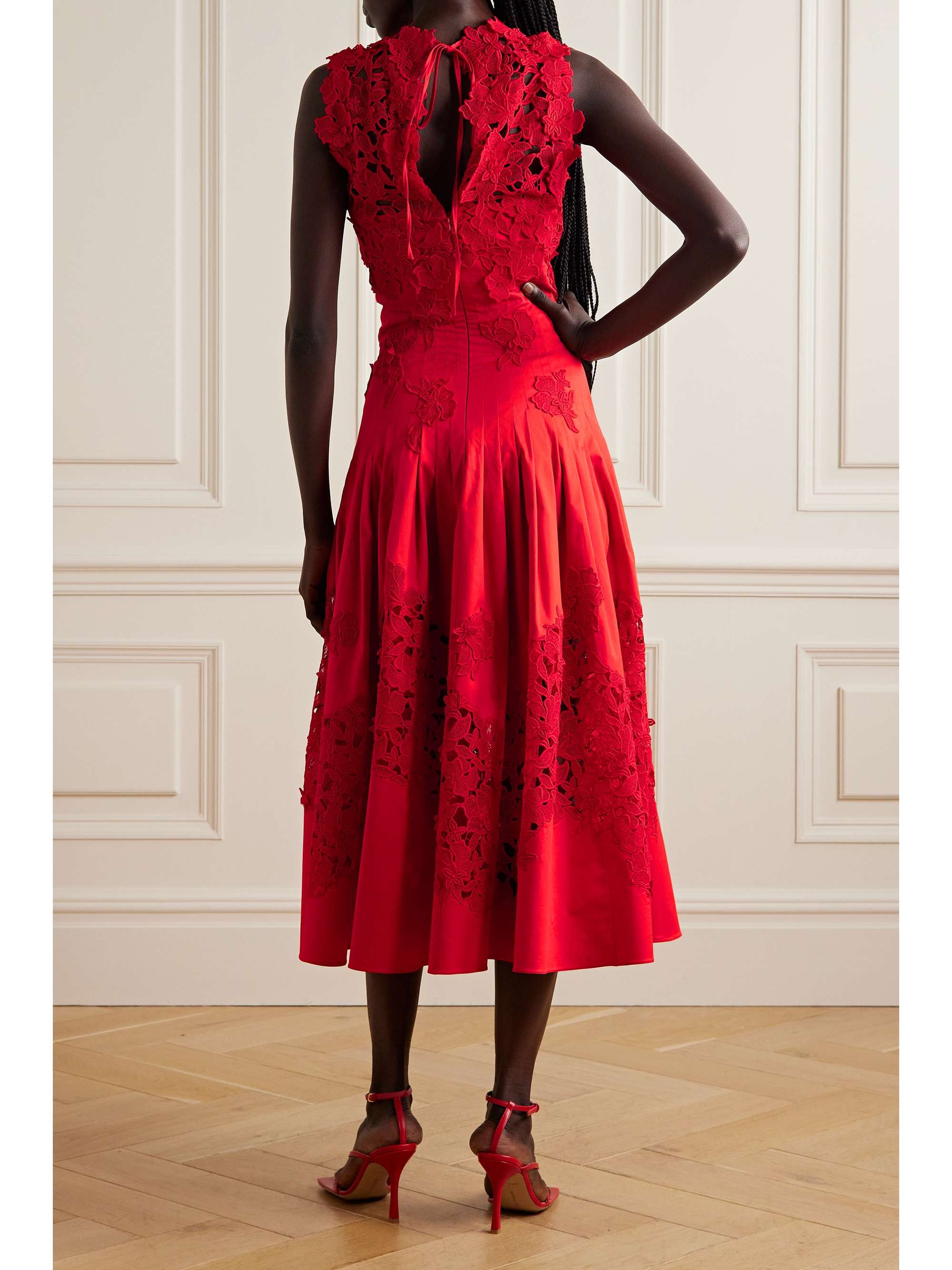 OSCAR DE LA RENTA Guipure lace-trimmed cotton-blend poplin midi dress