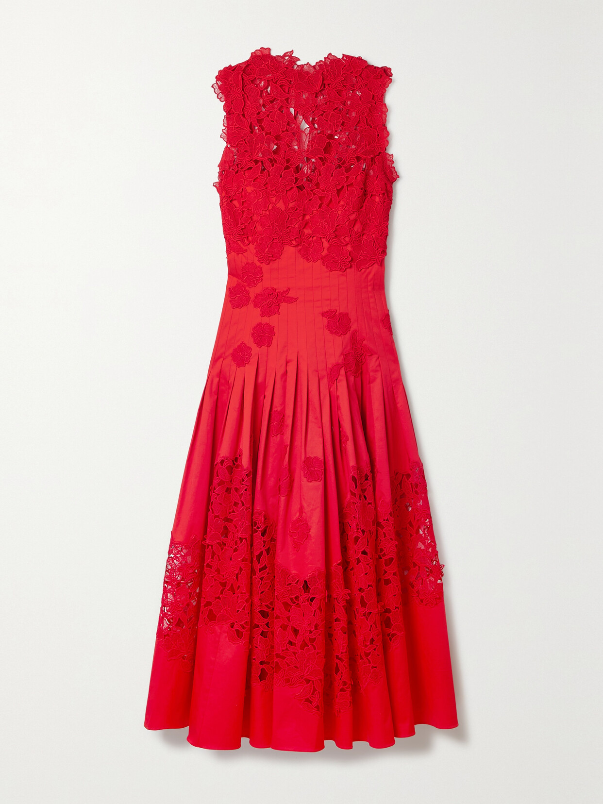 Oscar de la Renta - Guipure Lace-trimmed Cotton-blend Poplin Midi Dress - Red