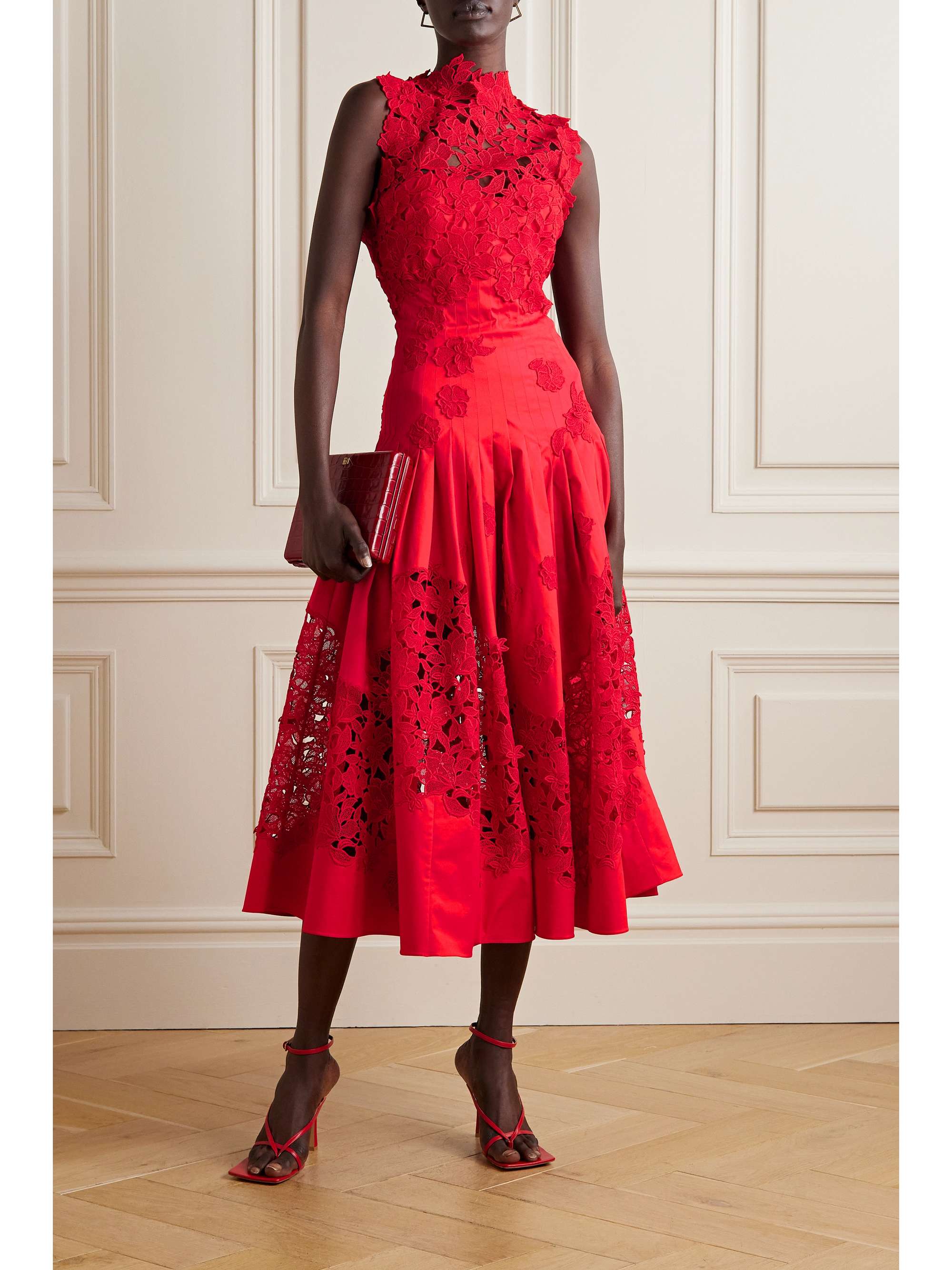 OSCAR DE LA RENTA Guipure lace-trimmed cotton-blend poplin midi dress