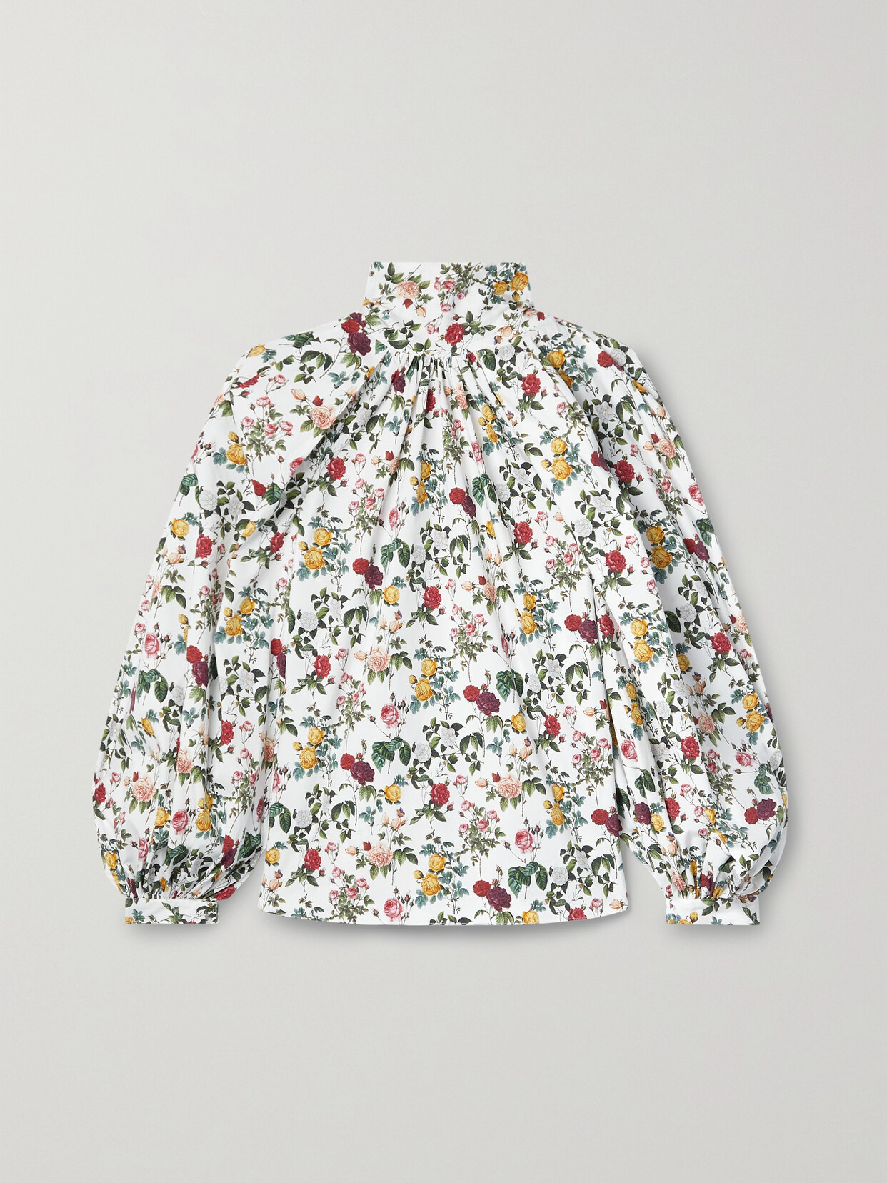 Oscar de la Renta Gathered Floral-print Cotton-blend Poplin Blouse - White