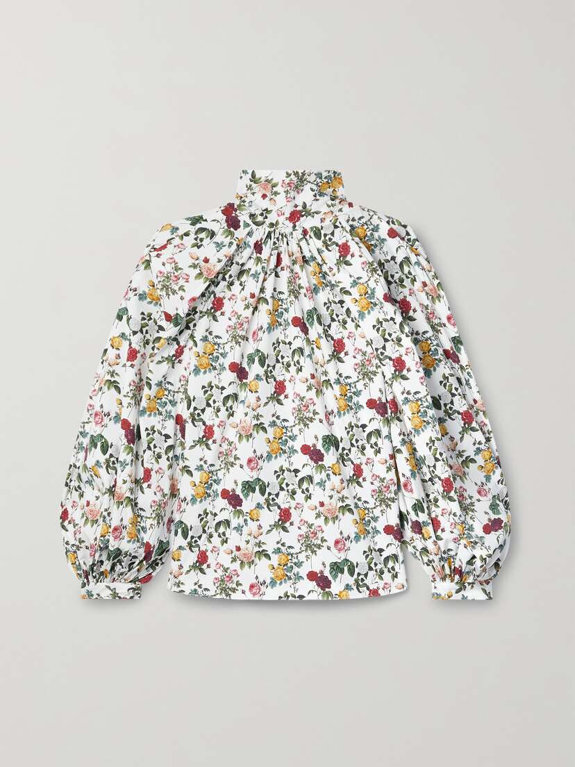 Oscar de la Renta Gathered Floral-print Cotton-blend Poplin Blouse