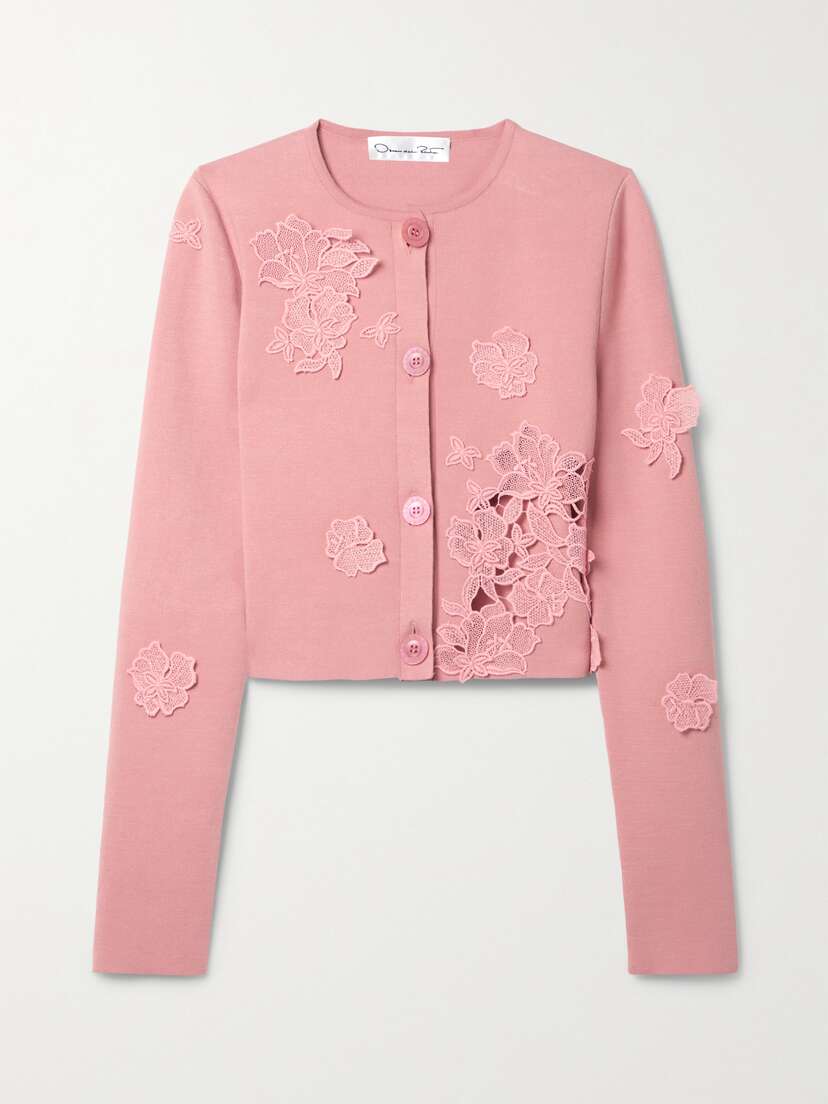 Oscar de la Renta Corded Lace-trimmed Stretch-knit Cardigan -  - x large