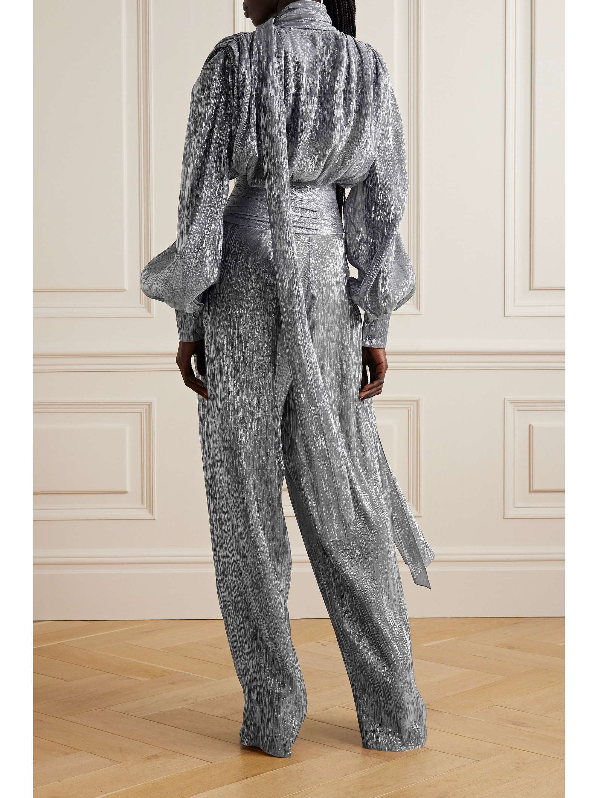 OSCAR DE LA RENTA Tie-neck silk-blend plissé-lamé jumpsuit