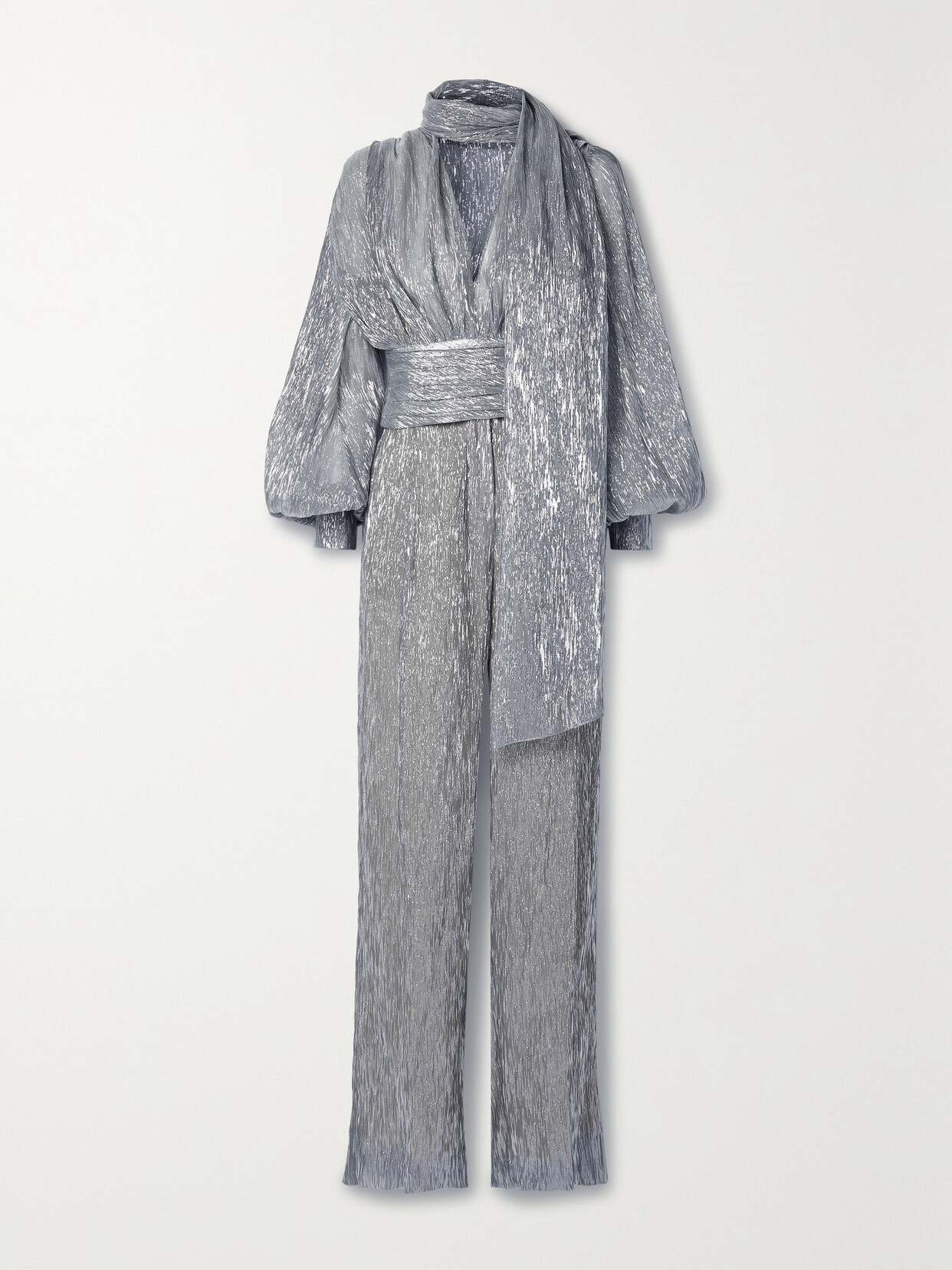 Oscar De La Renta V-neck Lame Mousseline Jumpsuit In Dark Grey