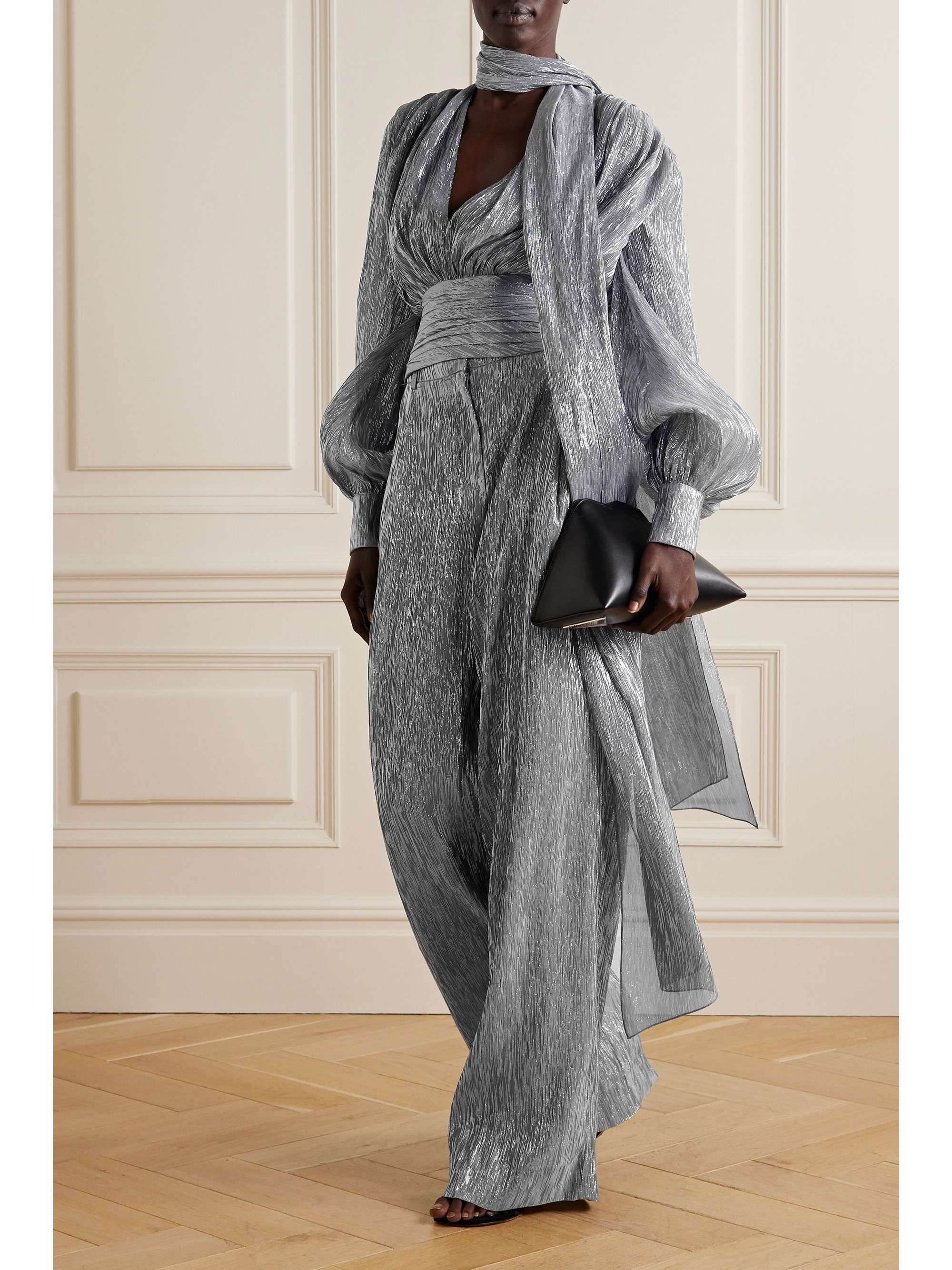 OSCAR DE LA RENTA Tie-neck silk-blend plissé-lamé jumpsuit