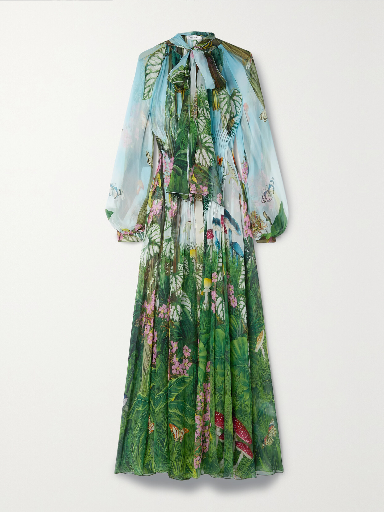 Oscar de la Renta - Tie-neck Pintucked Printed Silk-chiffon Gown - Green