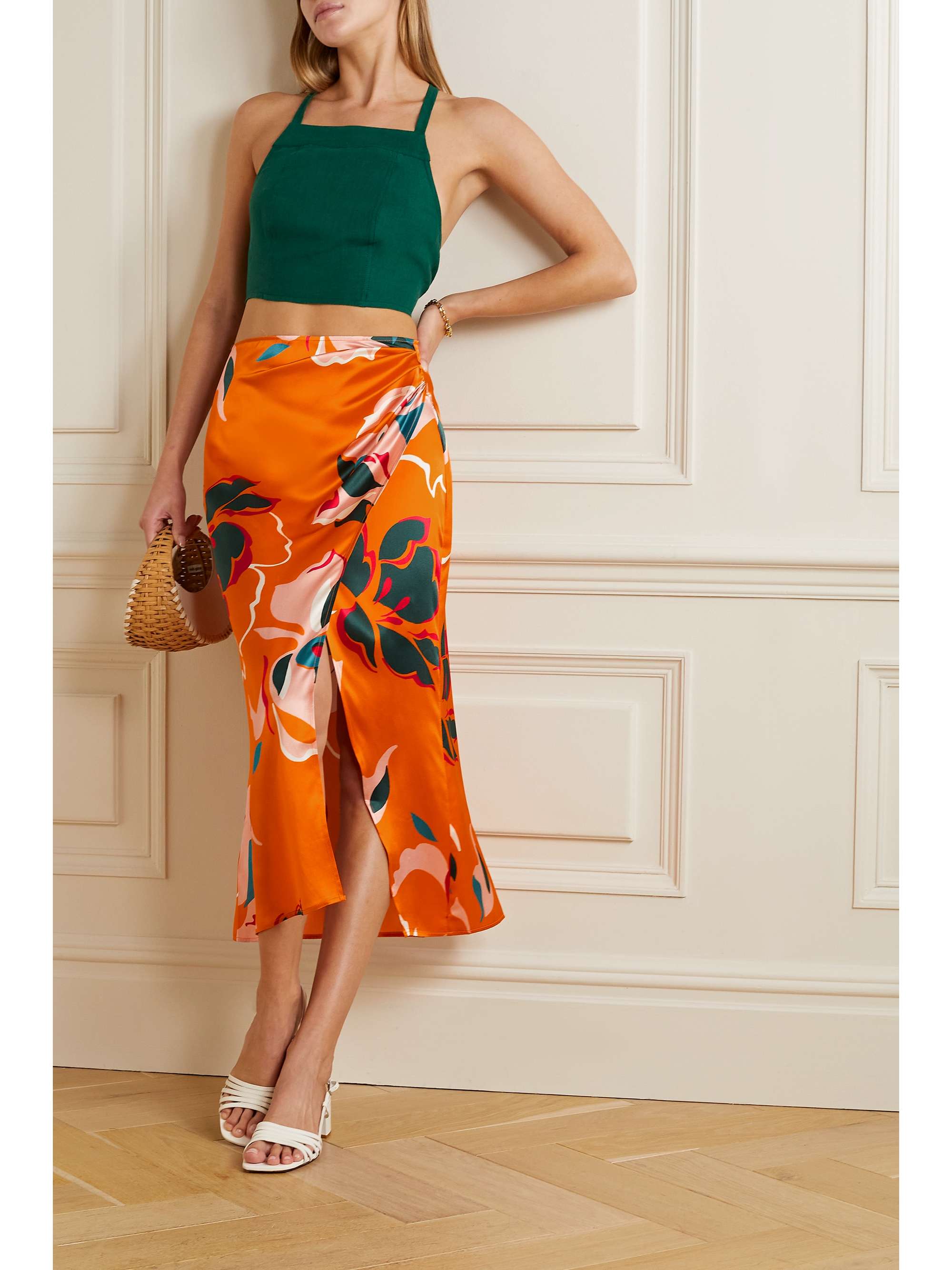 REFORMATION Sabine floral-print silk-charmeuse midi skirt