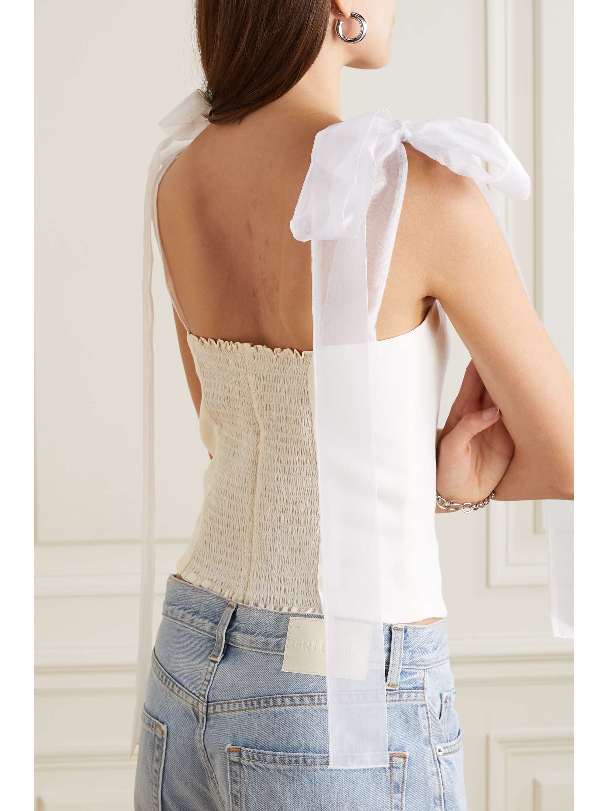 REFORMATION Zoey tulle-trimmed smocked crepe top