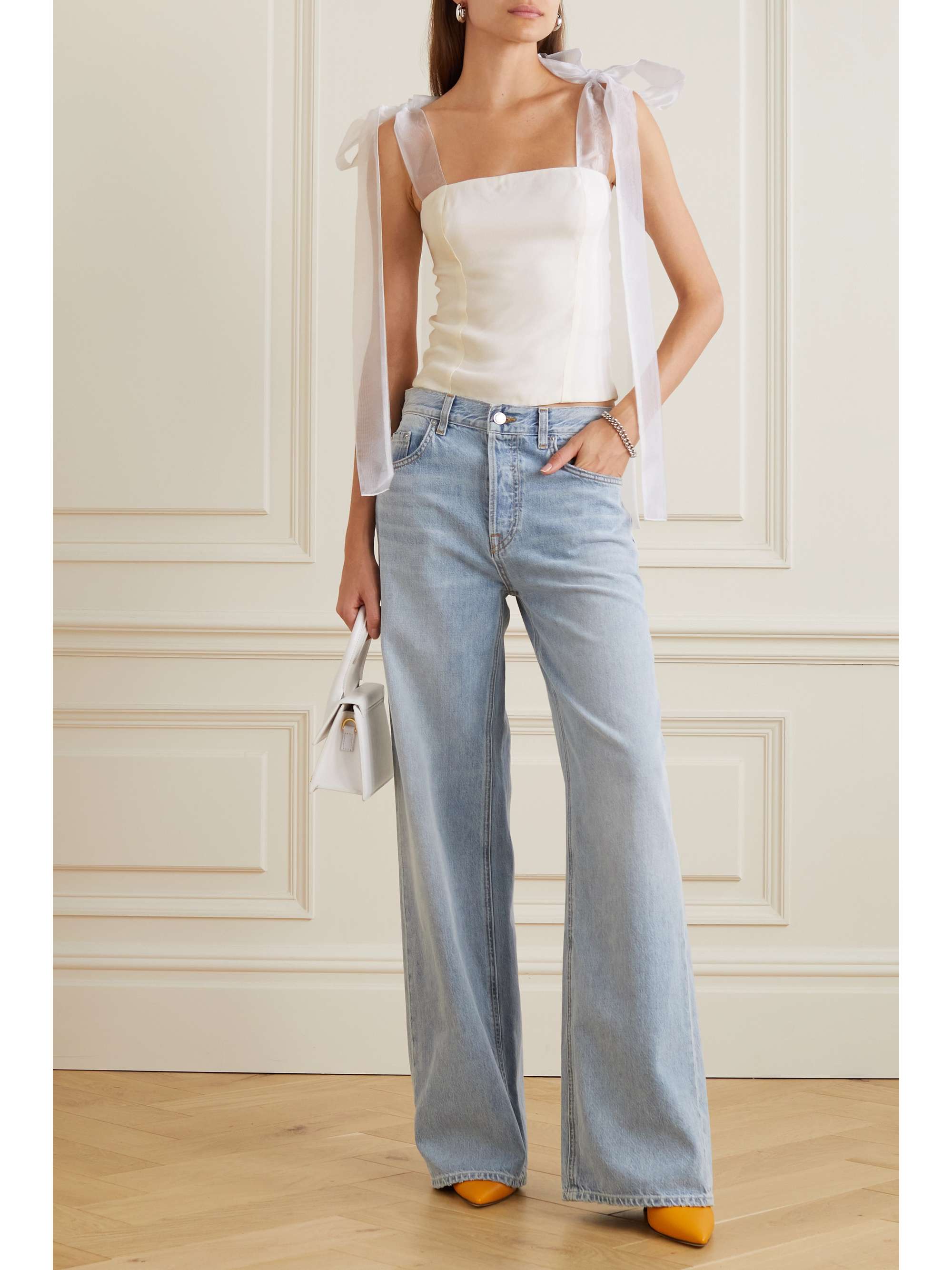 REFORMATION Zoey tulle-trimmed smocked crepe top