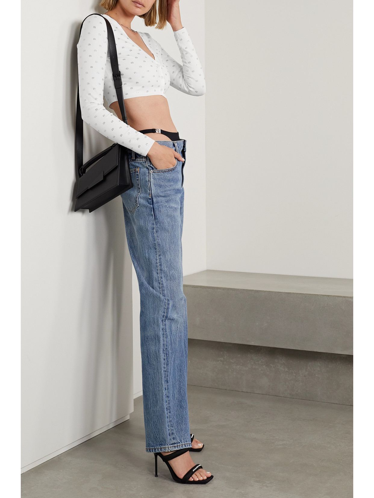Alexander Wang Crystal-logo Cropped Cardigan In White