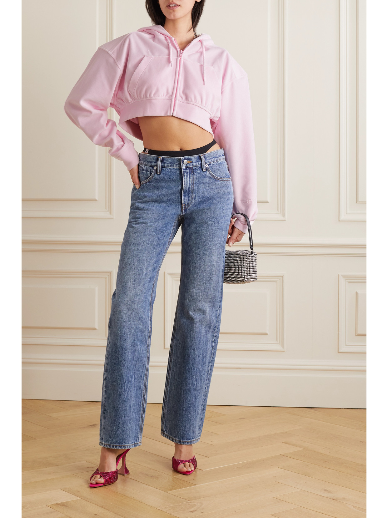 Alexander Wang Cropped Zip Up Hoodie In Velour In Pink