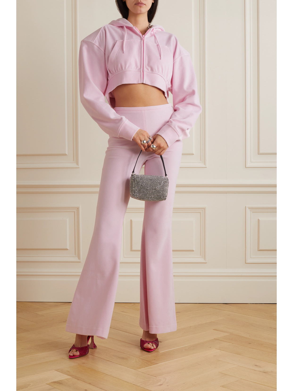 Alexander Wang Cropped Zip Up Hoodie In Velour In Pink