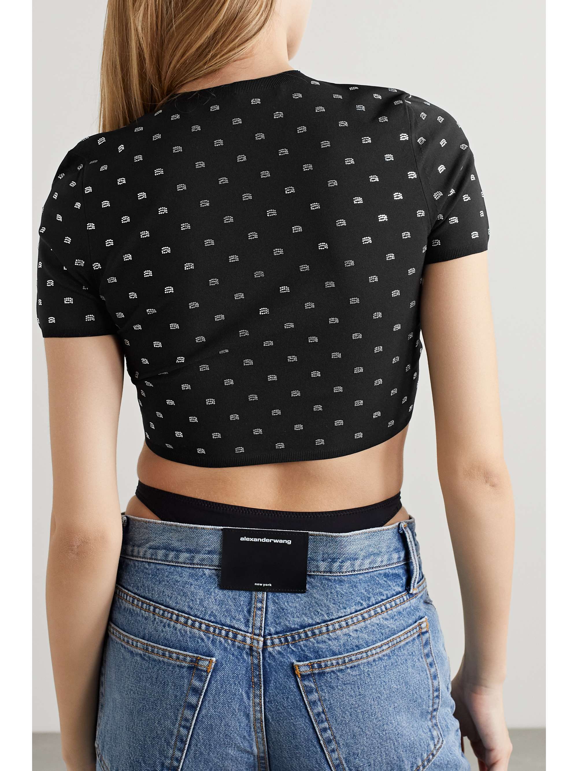 ALEXANDER WANG Cropped crystal-embellished stretch-jersey T-shirt