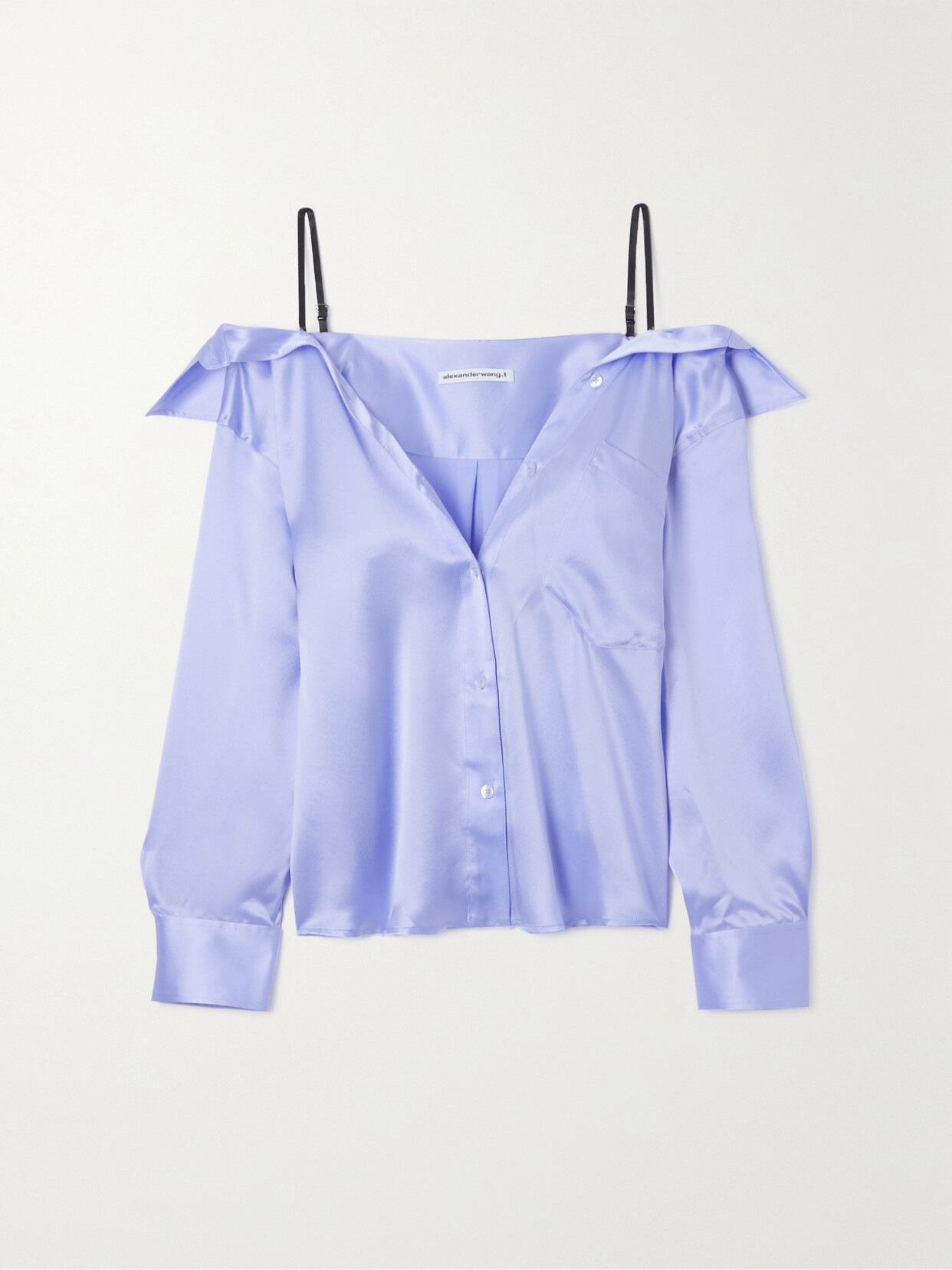 ALEXANDER WANG T OFF-THE-SHOULDER EMBELLISHED SILK-SATIN SHIRT