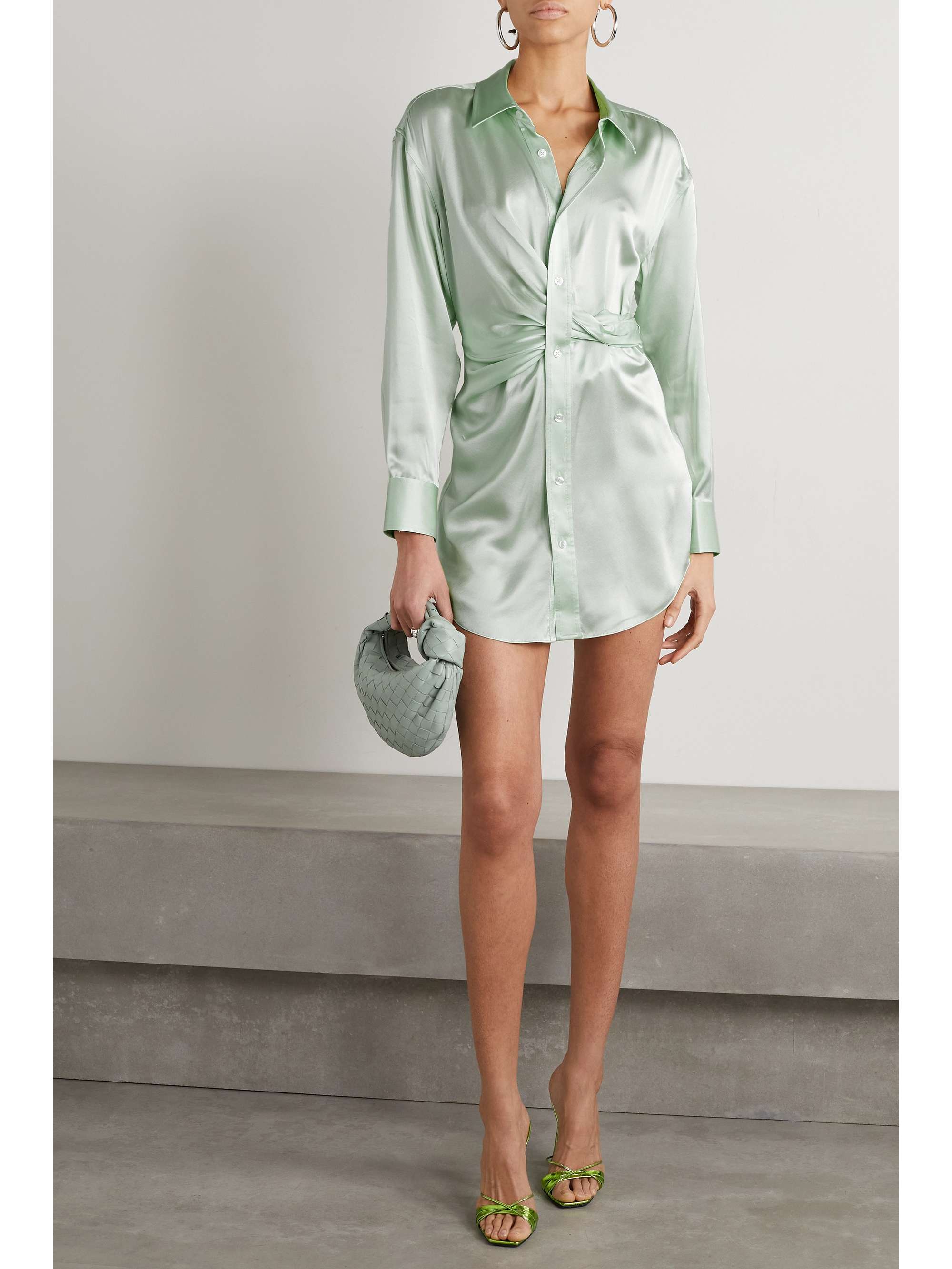 Draped silk-charmeuse mini shirt dress