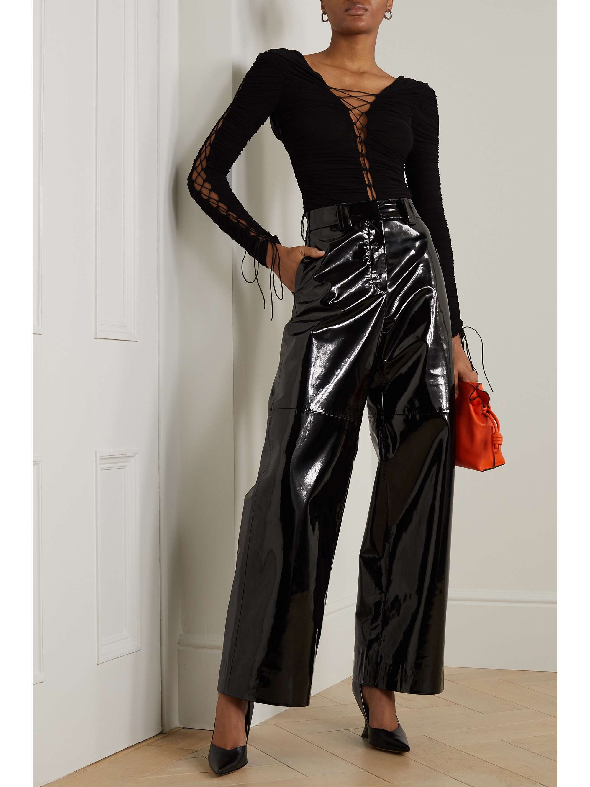 INTERIOR Kit ruched lace-up stretch-jersey top