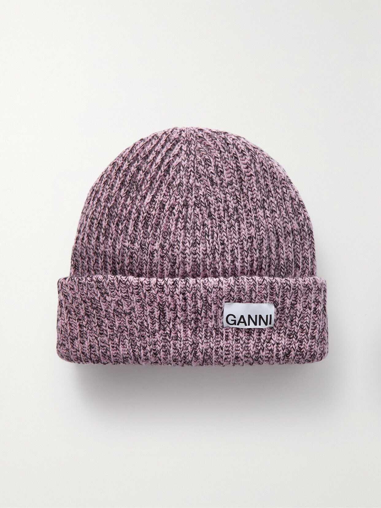 GANNI APPLIQUÉD MÉLANGE RIBBED-KNIT BEANIE