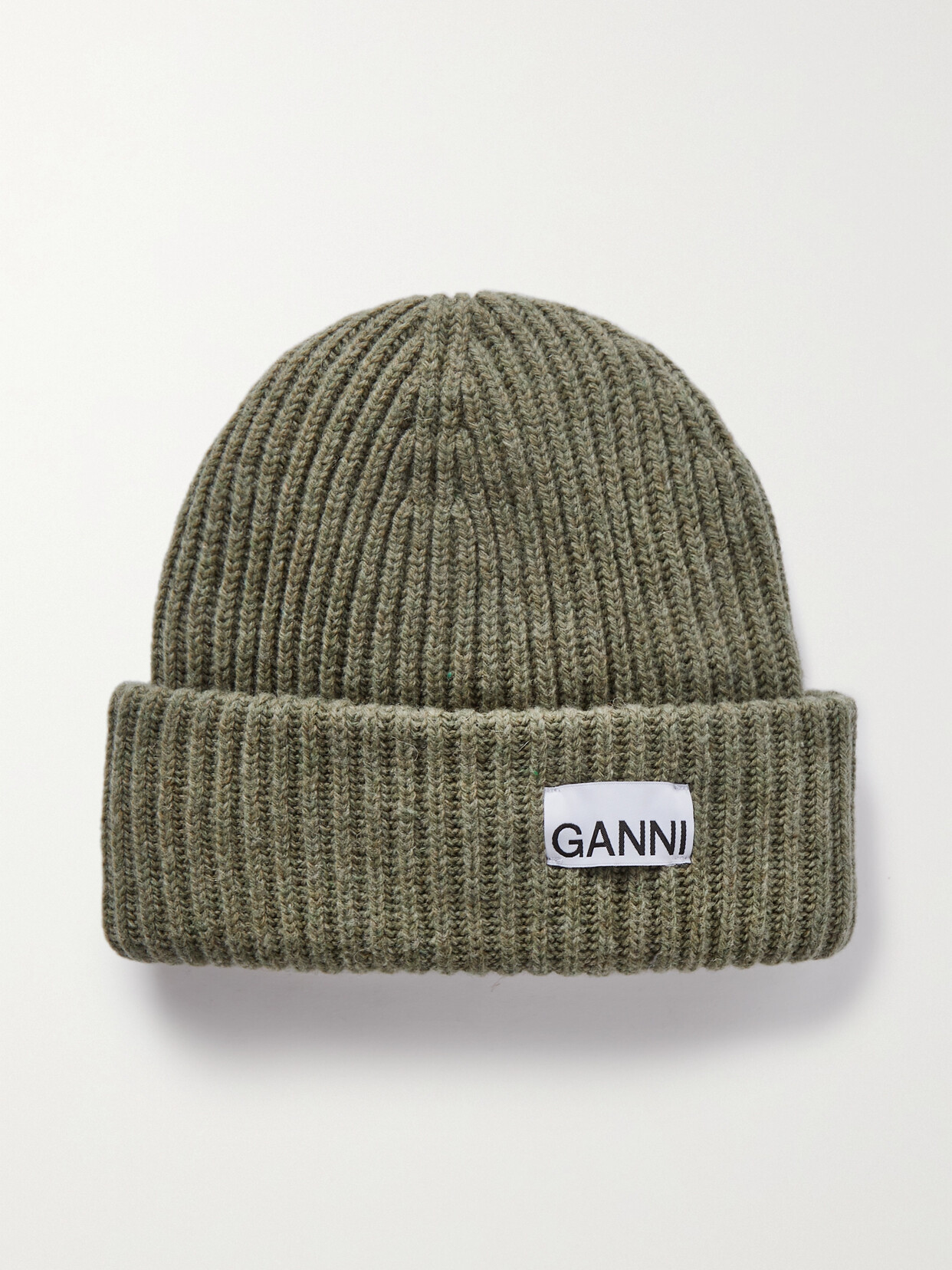 GANNI - Appliquéd Mélange Ribbed-knit Beanie - Green