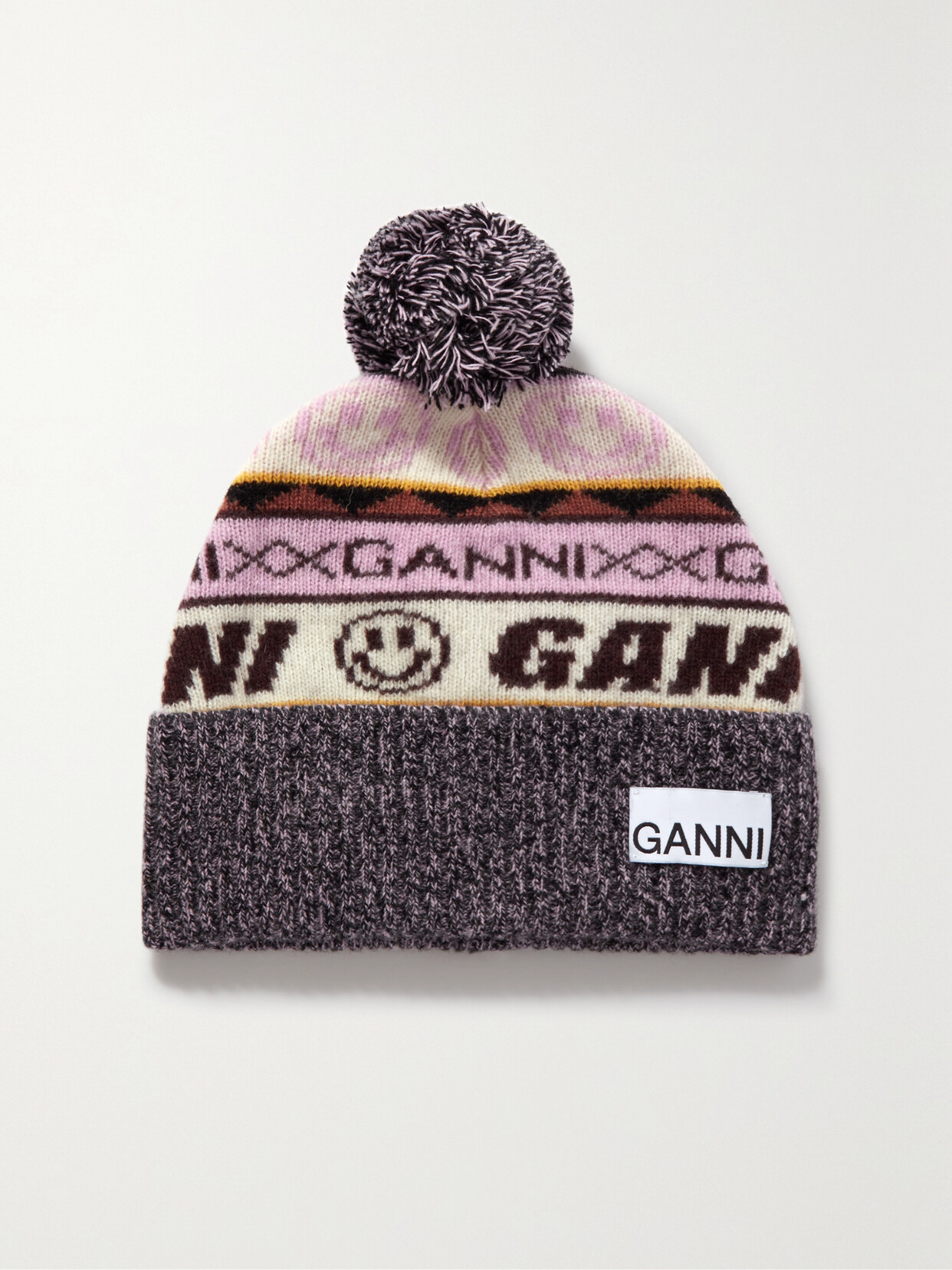 GANNI POMPOM-EMBELLISHED JACQUARD-KNIT WOOL-BLEND BEANIE