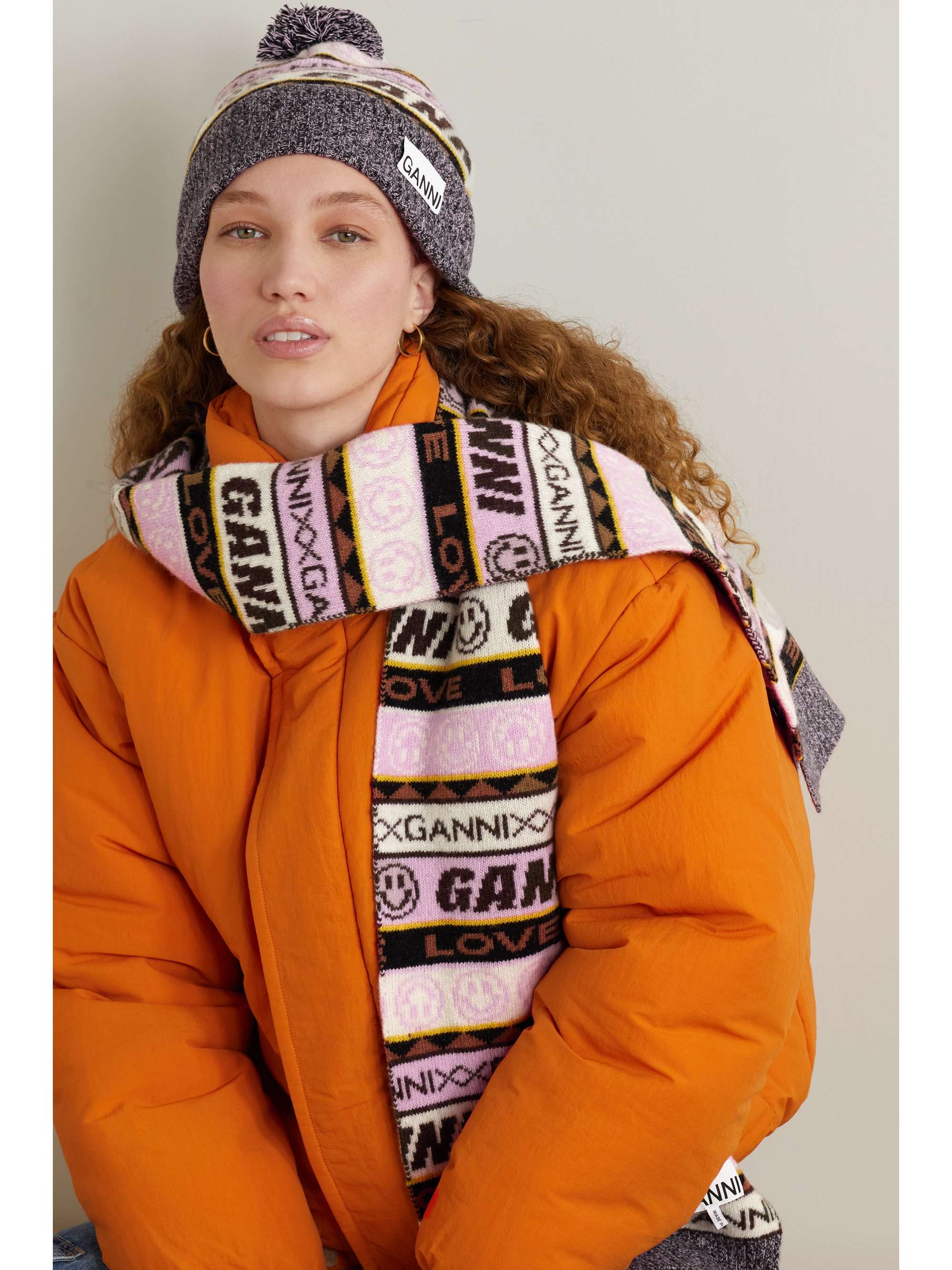 GANNI Pompomembellished jacquardknit woolblend beanie NETAPORTER