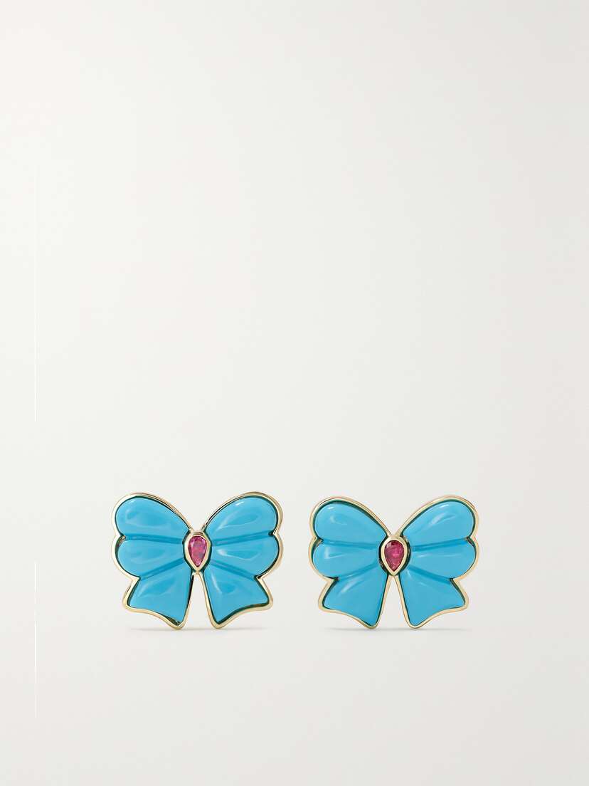 Mason and Books Berkeley Small Bow 14-karat Gold, Turquoise And Pink Sapphire Earrings