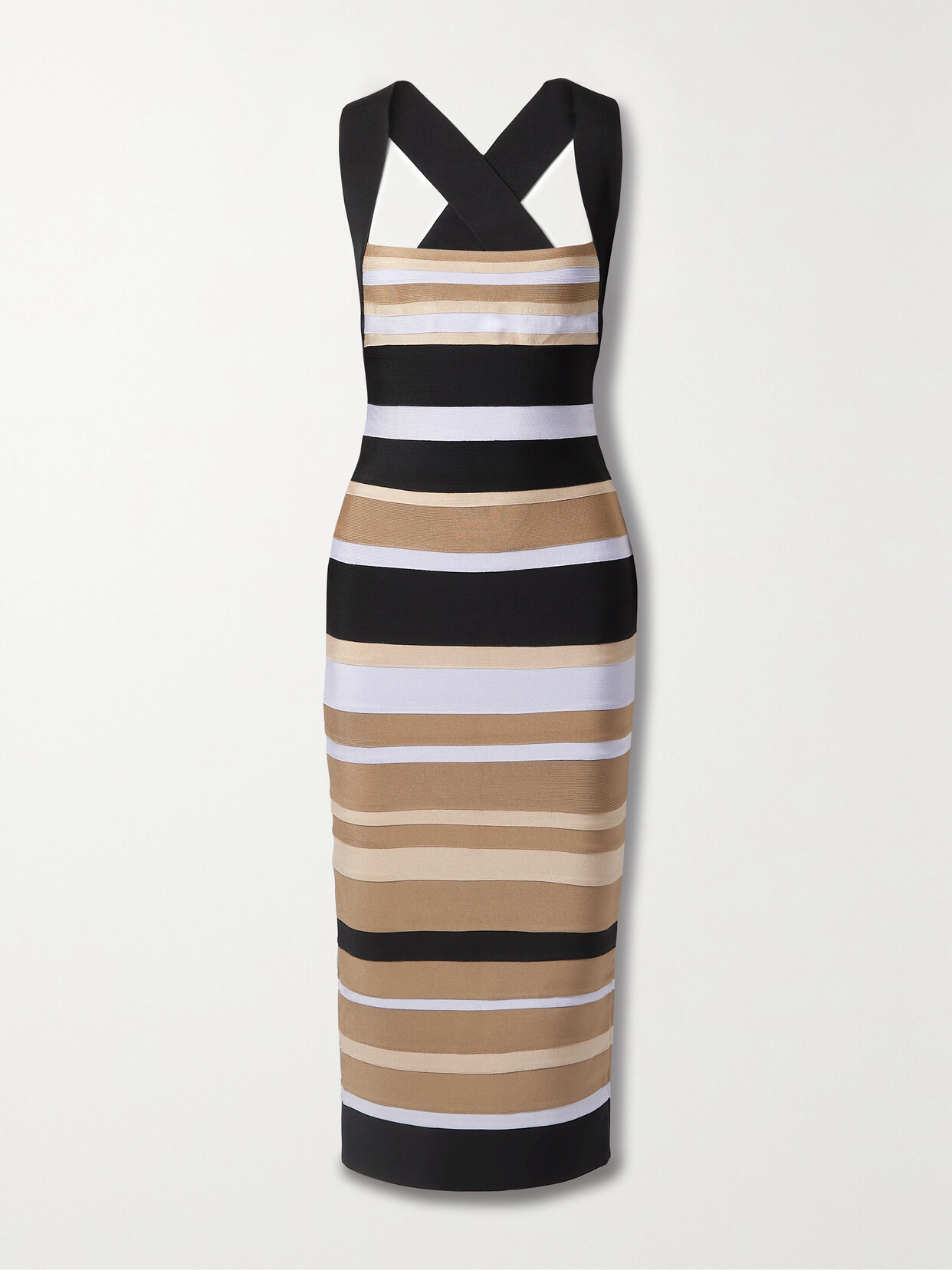 HERVE LEGER + LAW ROACH STRIPED RECYCLED-BANDAGE MIDI DRESS