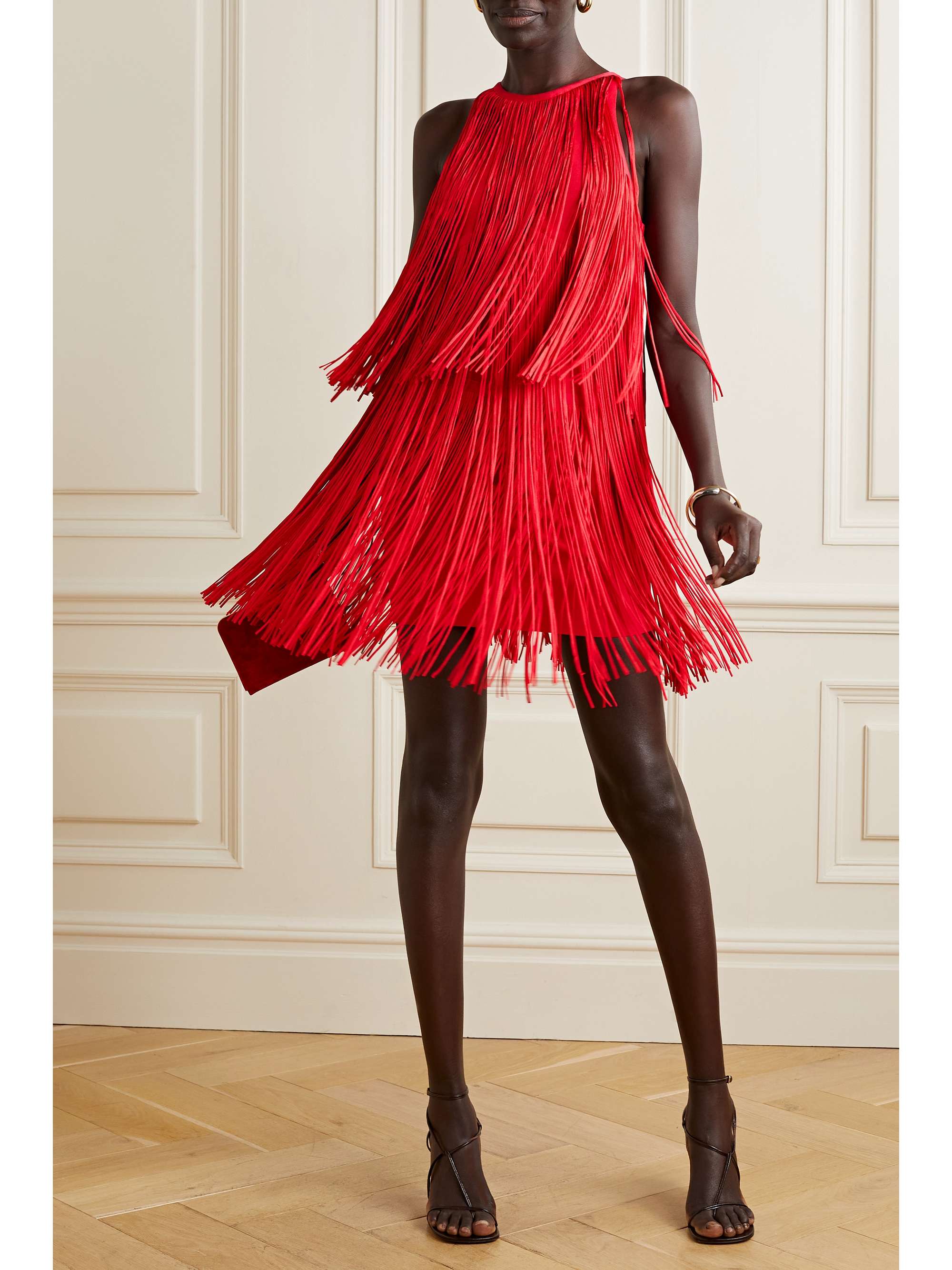 Fringed recycled-bandage mini dress 