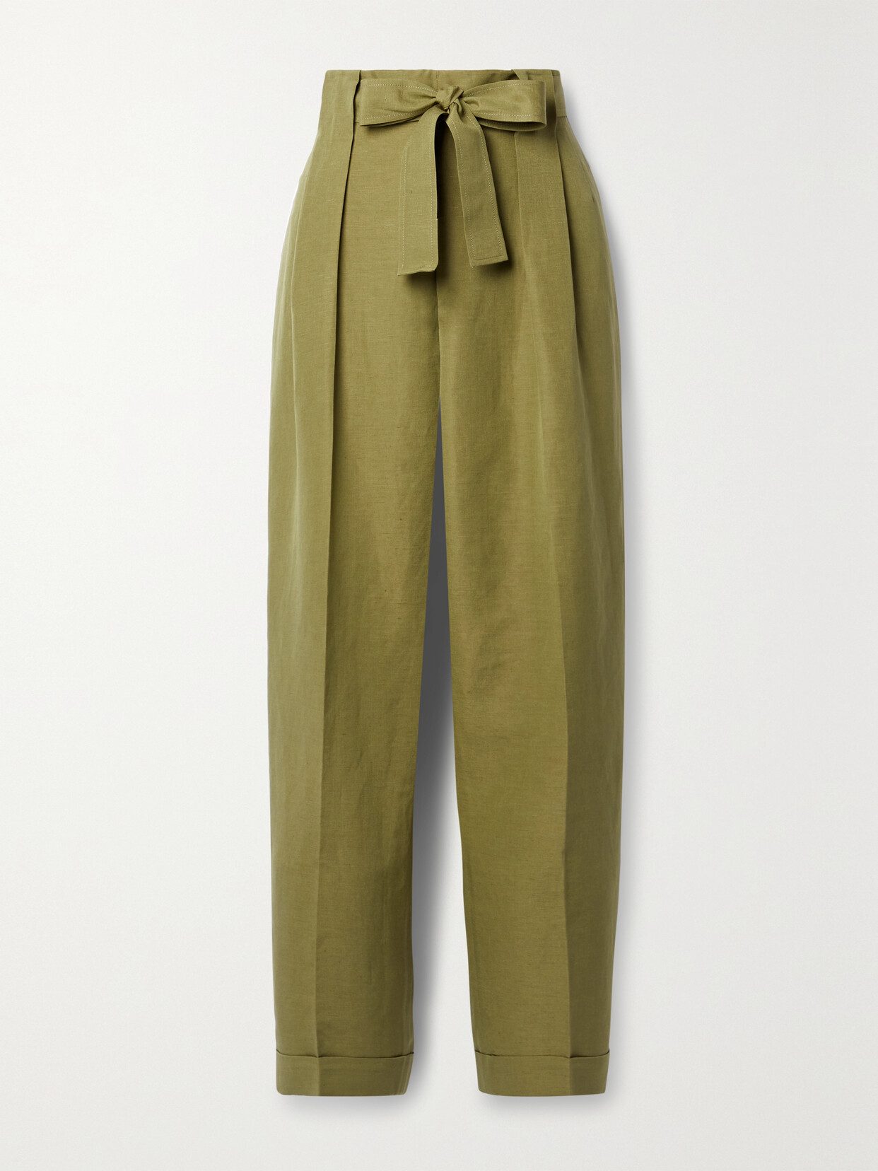 Lafayette148 Waverly Belted Silk And Linen-blend Tapered Pants - Green