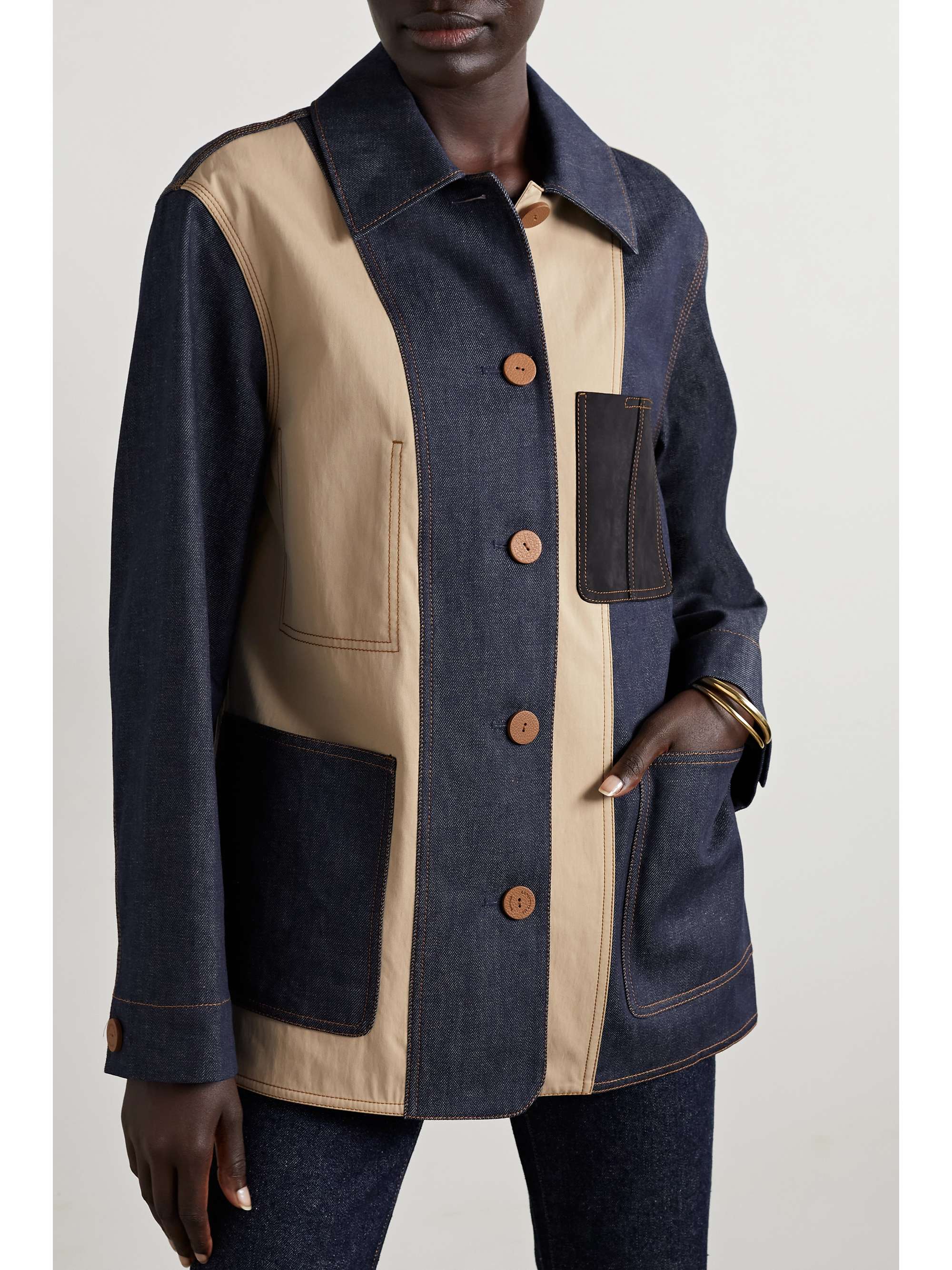 LAFAYETTE 148 Suede-trimmed paneled denim and cotton-blend twill jacket