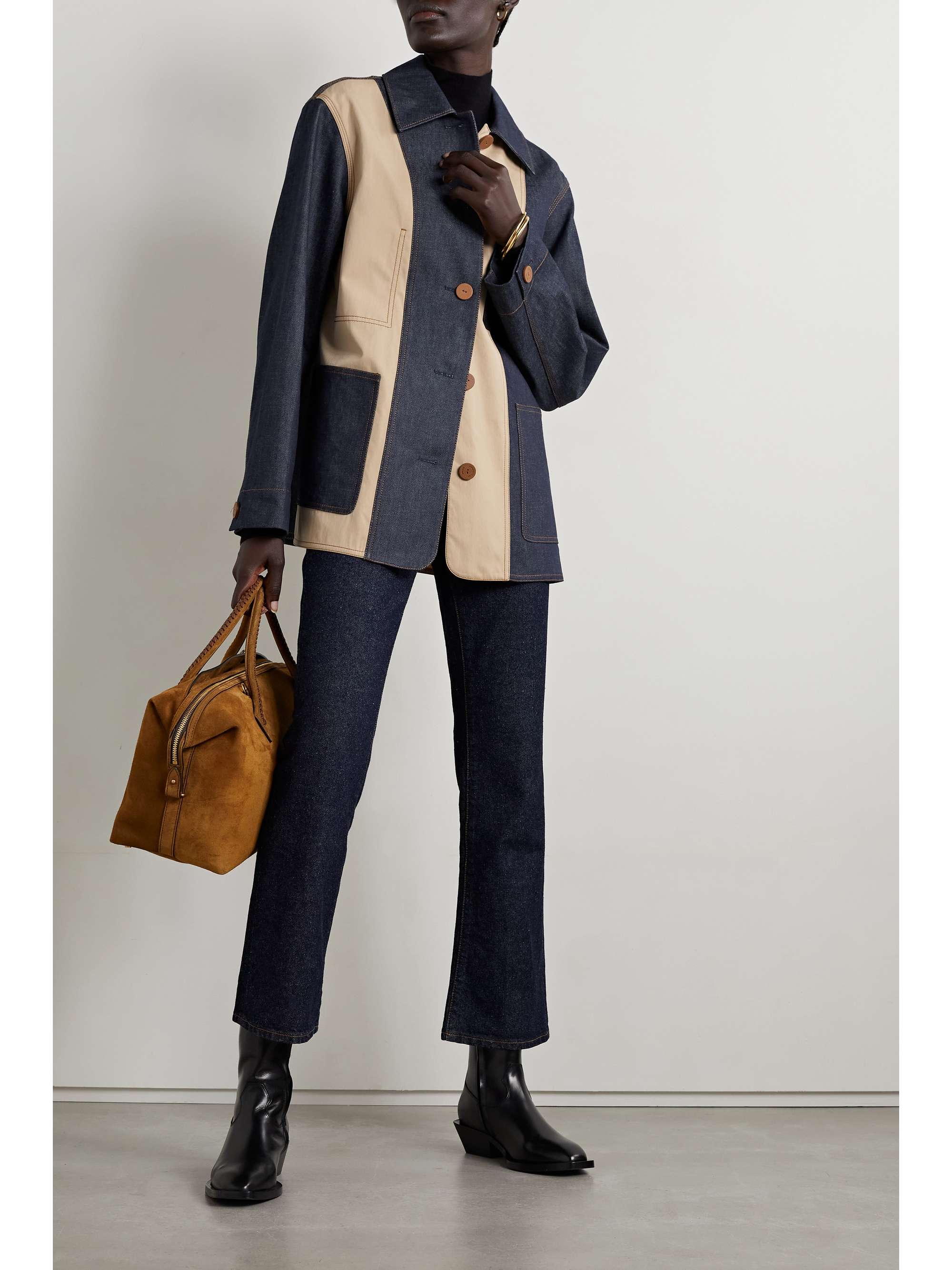 LAFAYETTE 148 Suede-trimmed paneled denim and cotton-blend twill jacket