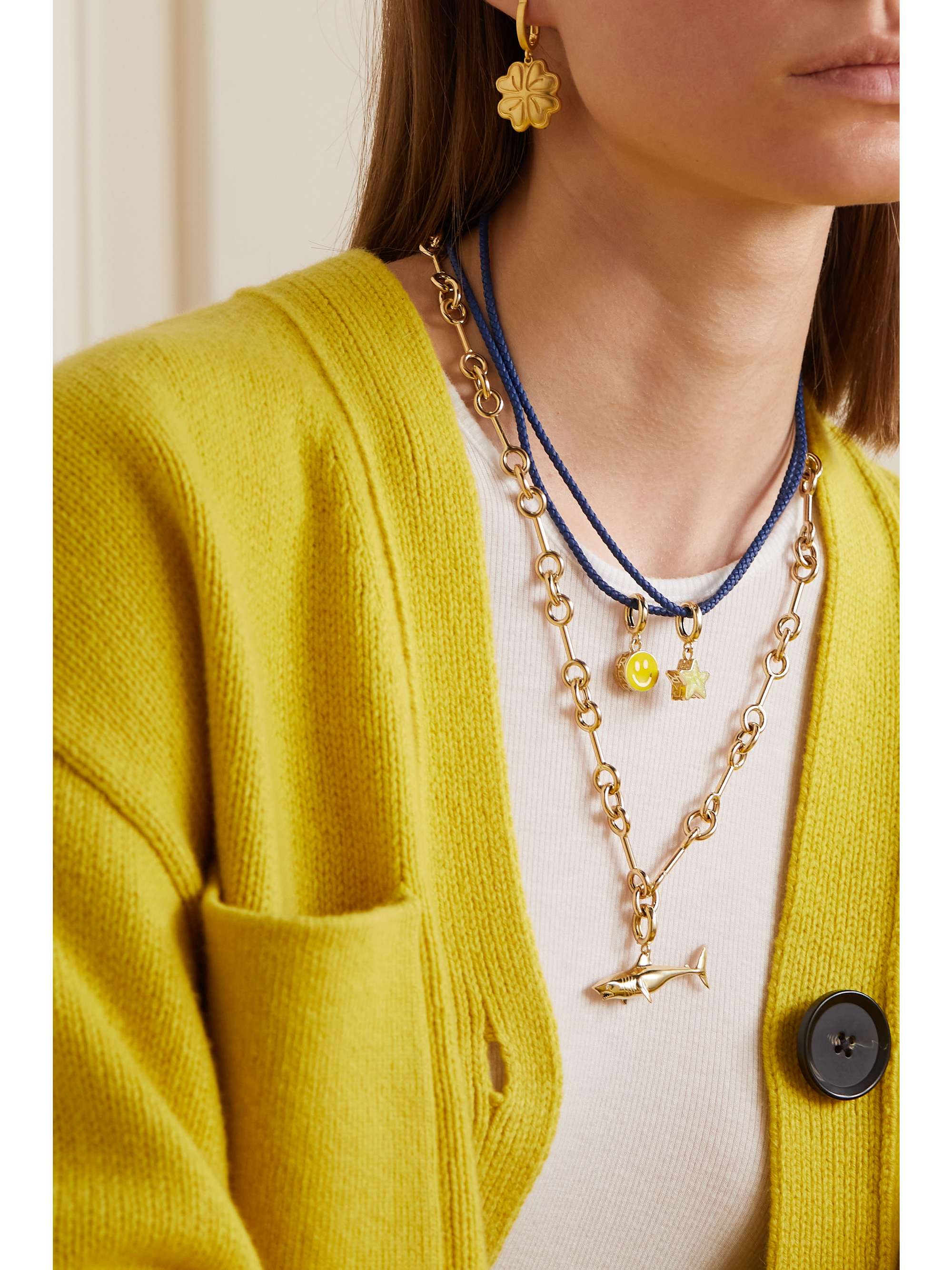 LAUREN RUBINSKI 14-karat gold, enamel and leather necklace