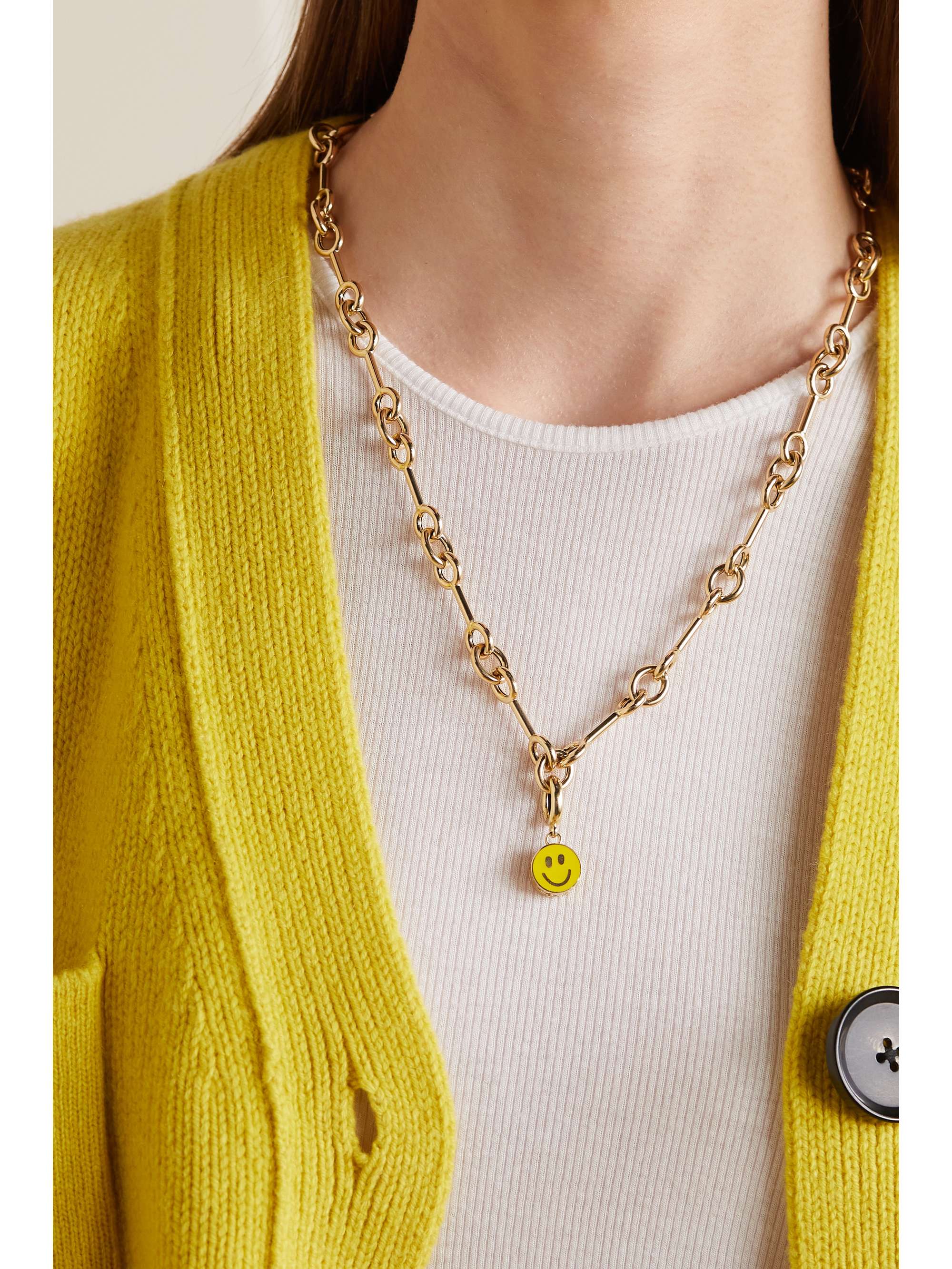 LAUREN RUBINSKI 14-karat gold, enamel and leather necklace