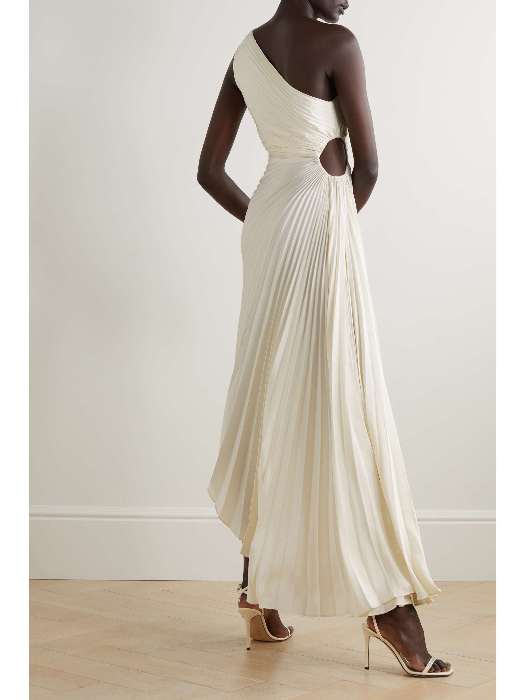 A.L.C. Delfina asymmetric one-shoulder cutout plissé-satin midi dress
