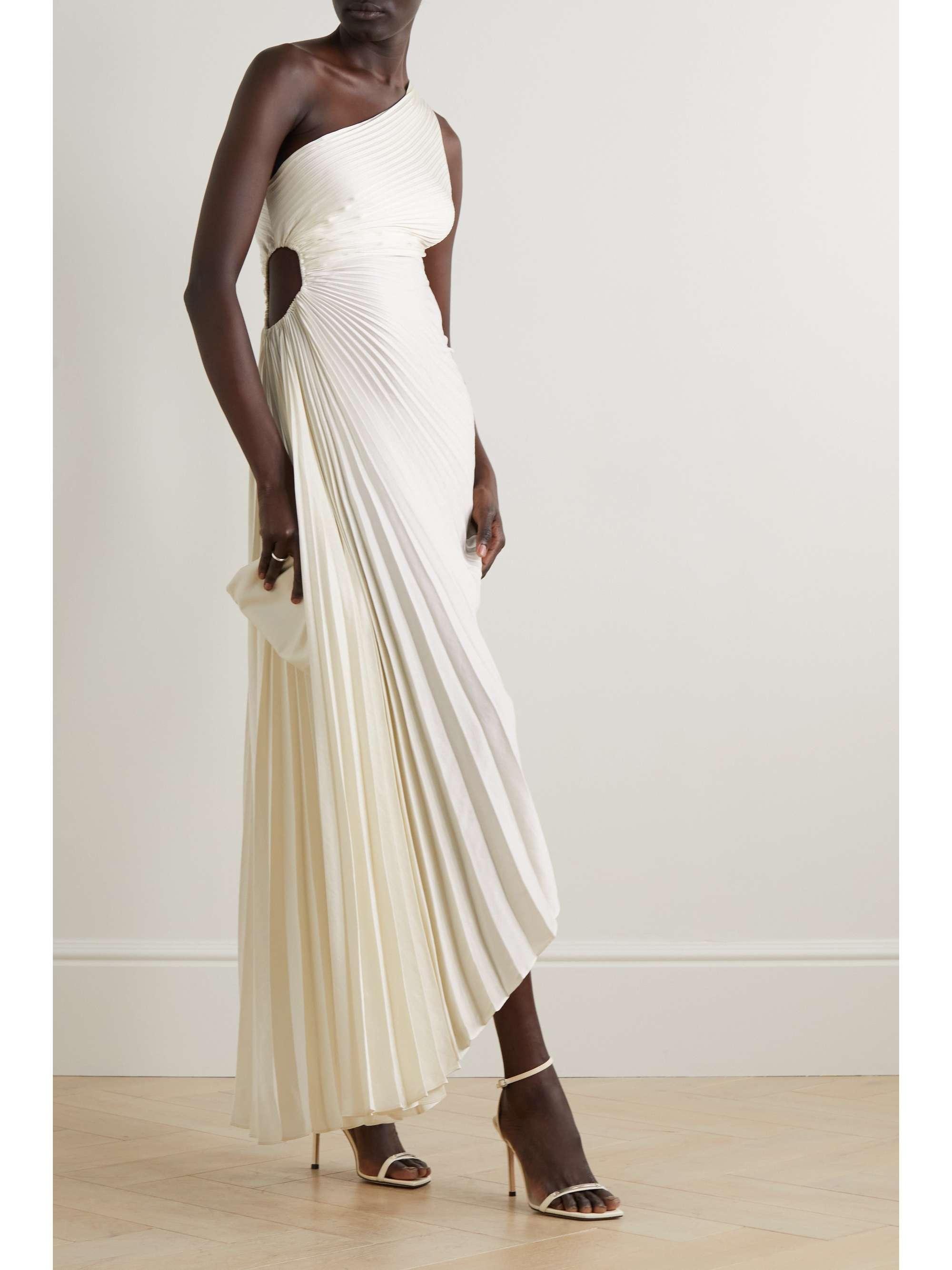 A.L.C. Delfina asymmetric one-shoulder cutout plissé-satin midi dress