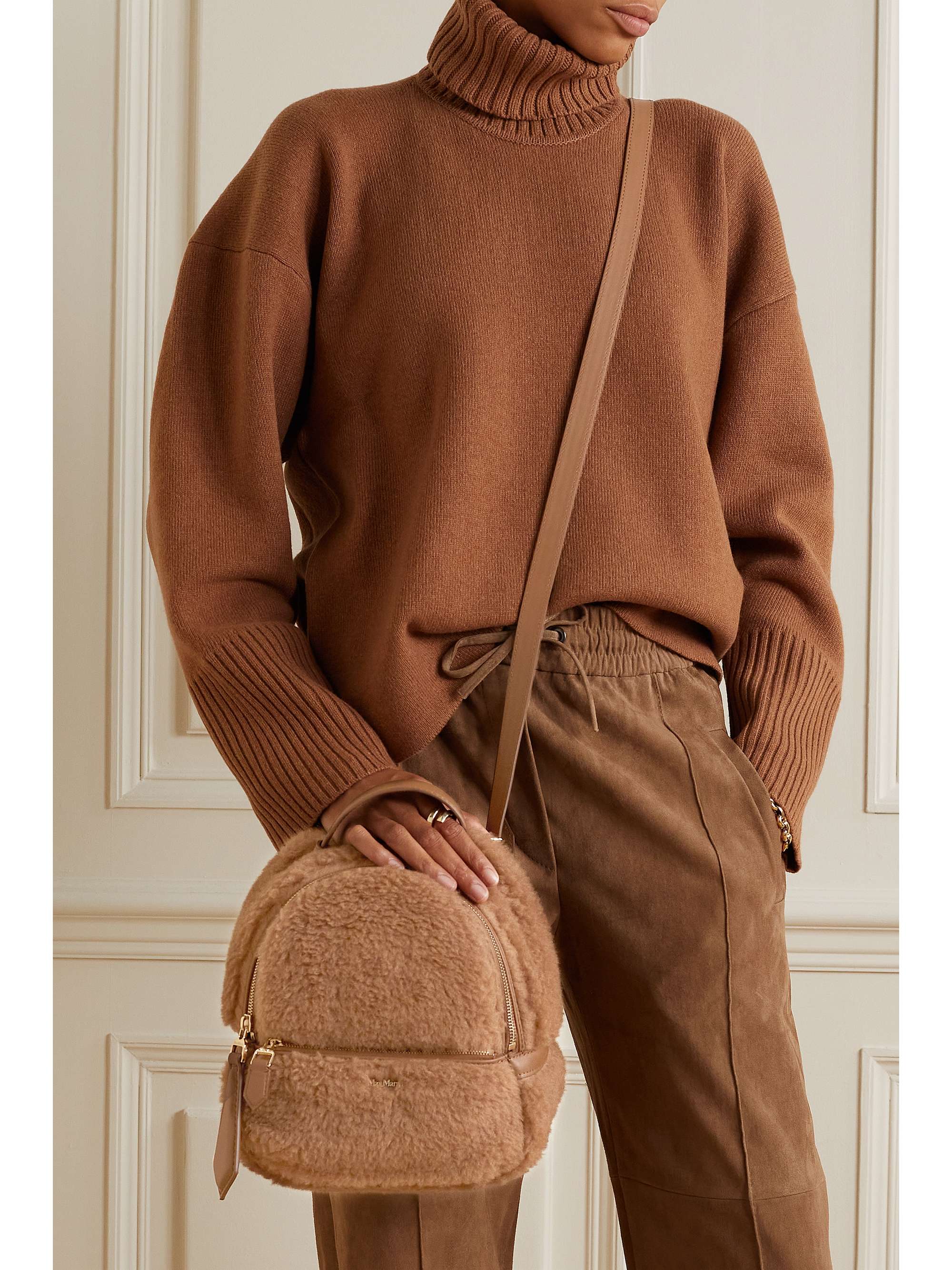 Camel Leather-trimmed shearling 