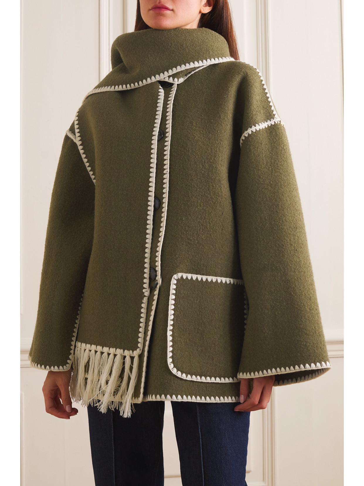 Shop Totême Draped Fringed Wool-blend Jacket In Green