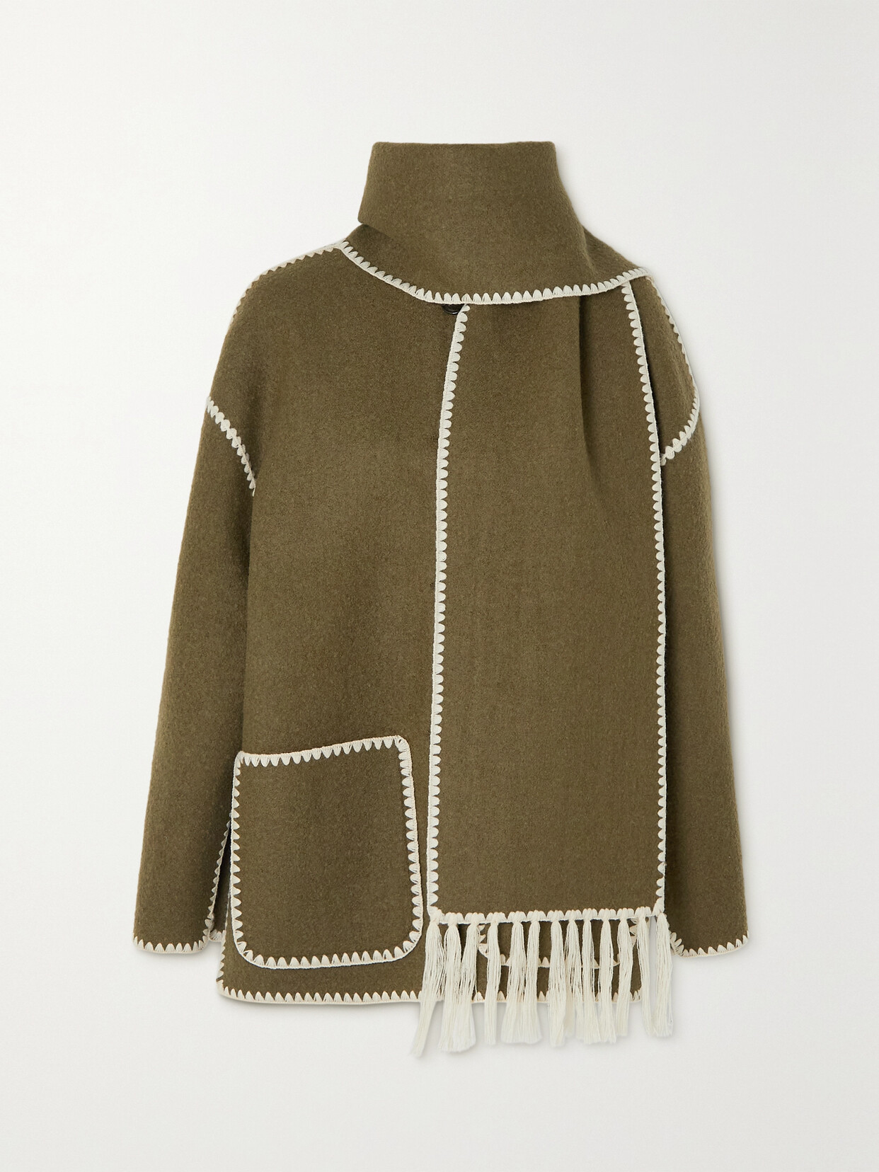 Totême Draped Fringed Wool-blend Jacket In Green