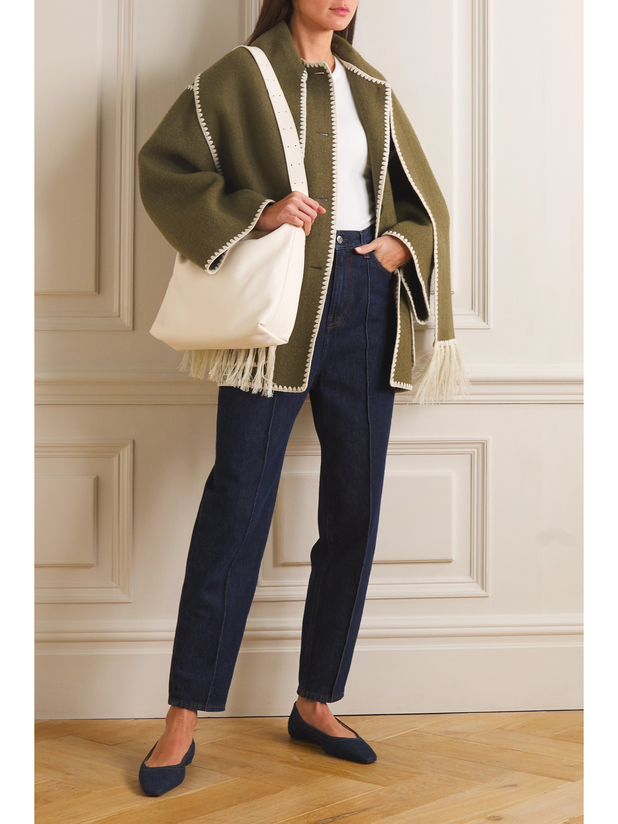 Totême Draped Fringed Wool-blend Jacket In Green
